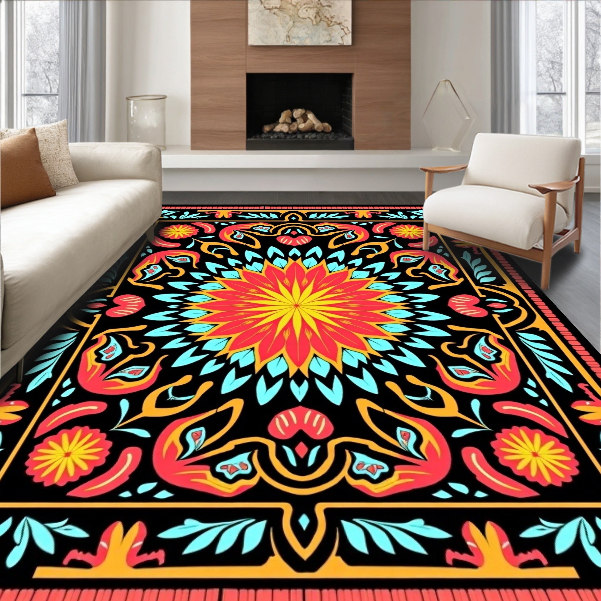 Vibrant Coral Yellow Black Floral Medallion Rug