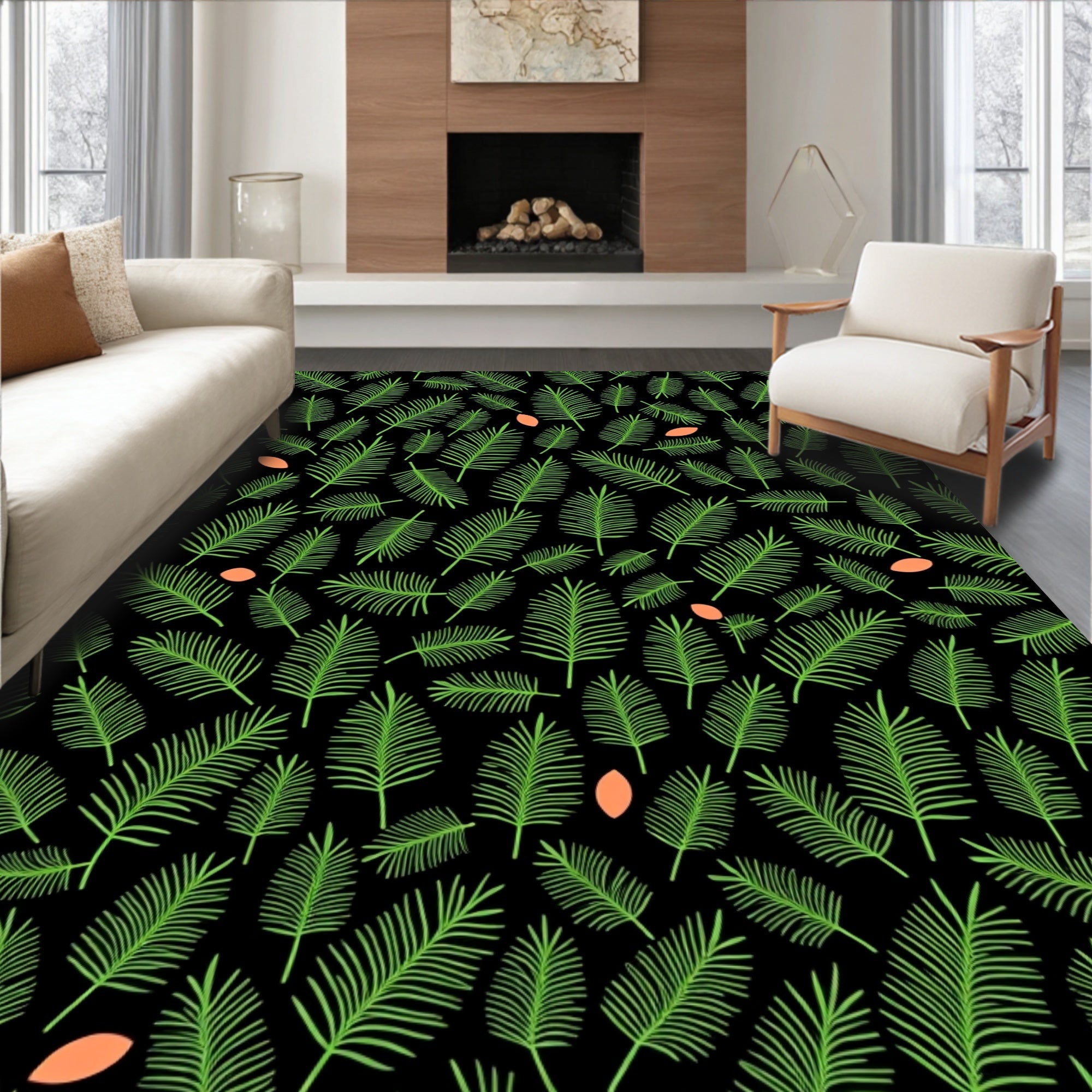 Green Palm Fronds Orange Ovals Black Rug