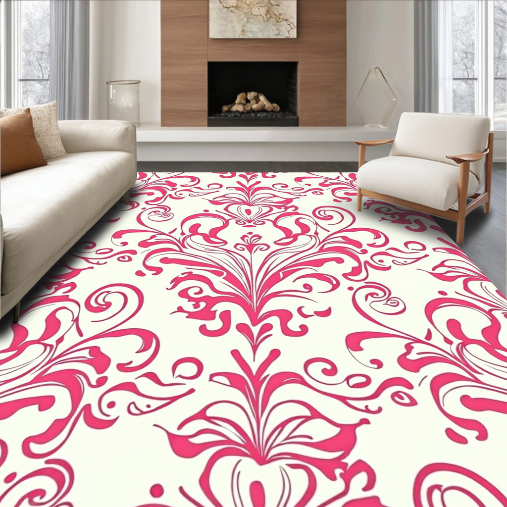 Deep Pink Floral Damask Swirl Rug