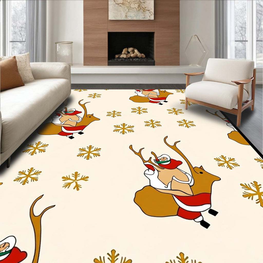 Golden Santa And Reindeer Snowflakes Rug
