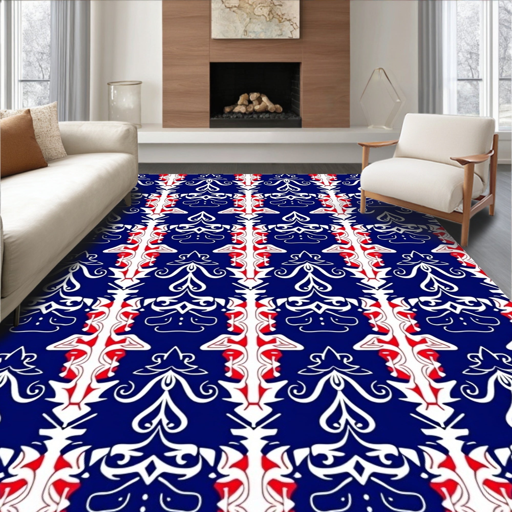Royal Blue and Crimson Damask Rug