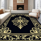 Golden Black Ornate Scrollwork Medallion Rug