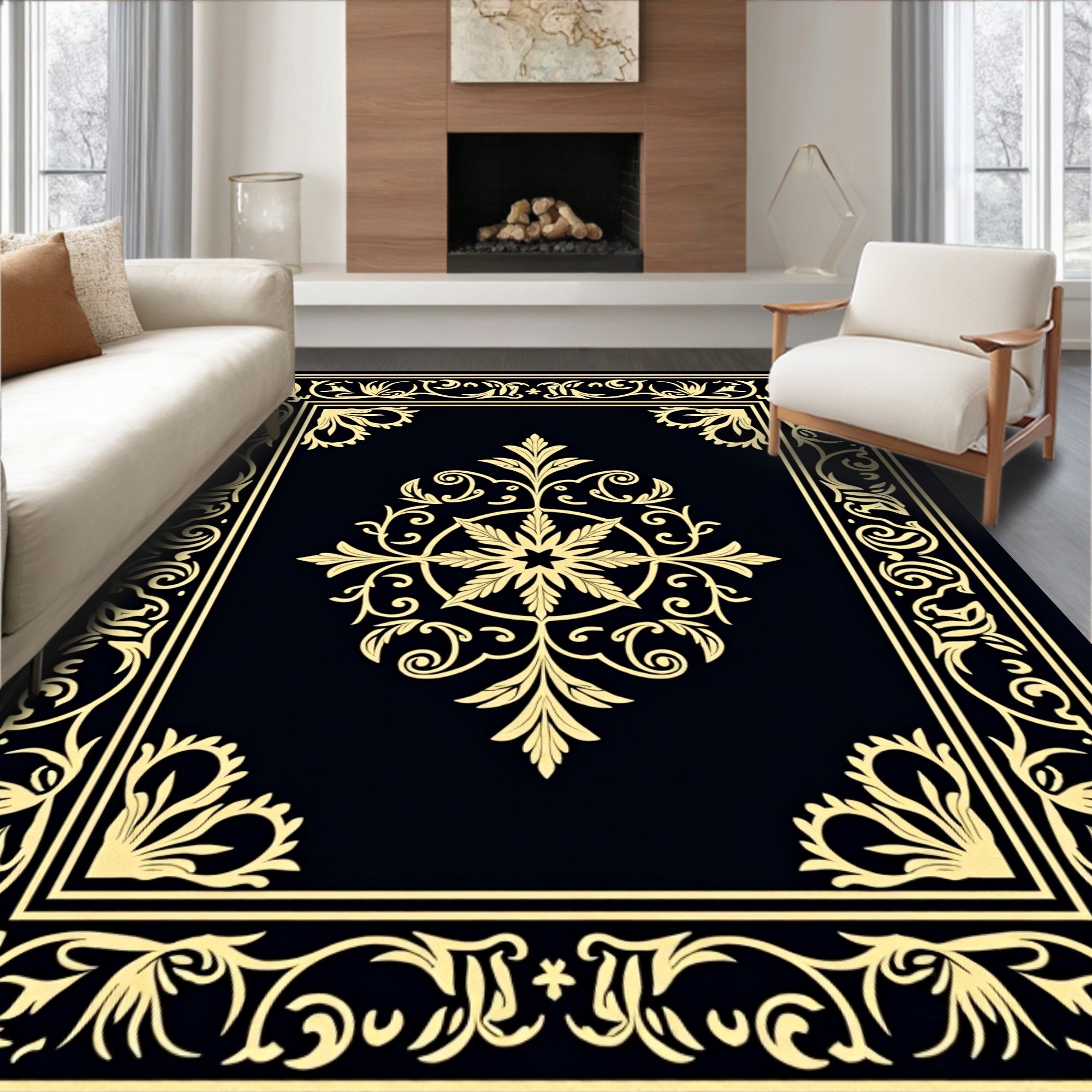 Golden Black Ornate Scrollwork Medallion Rug