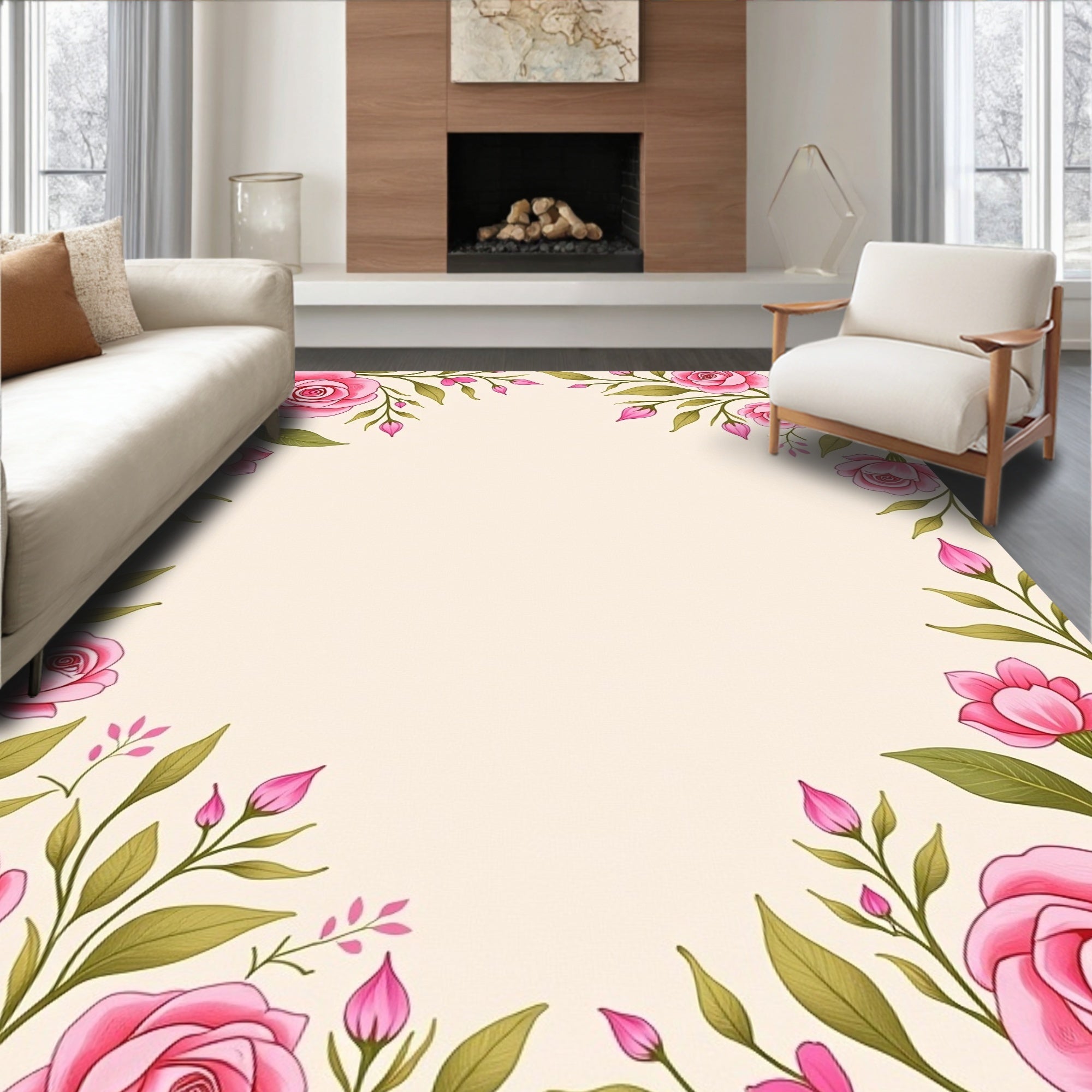 Pink Roses Vine Border Rug