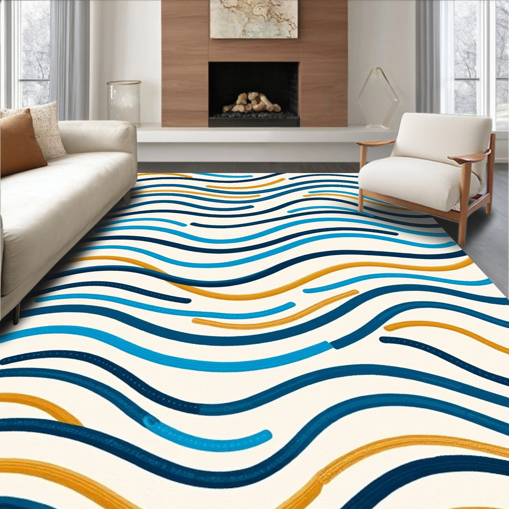 Abstract Navy Gold Wavy Stripes Rug