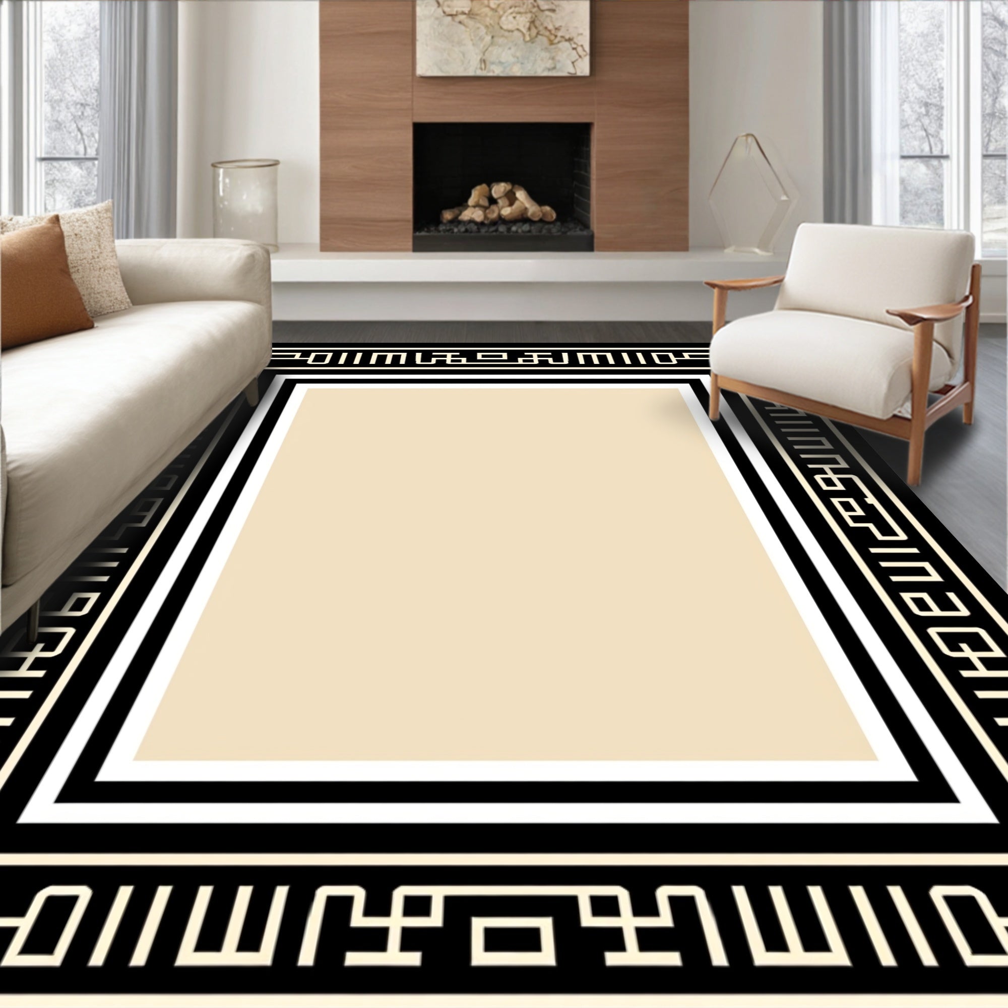 Black Geometric Cream Border Rug
