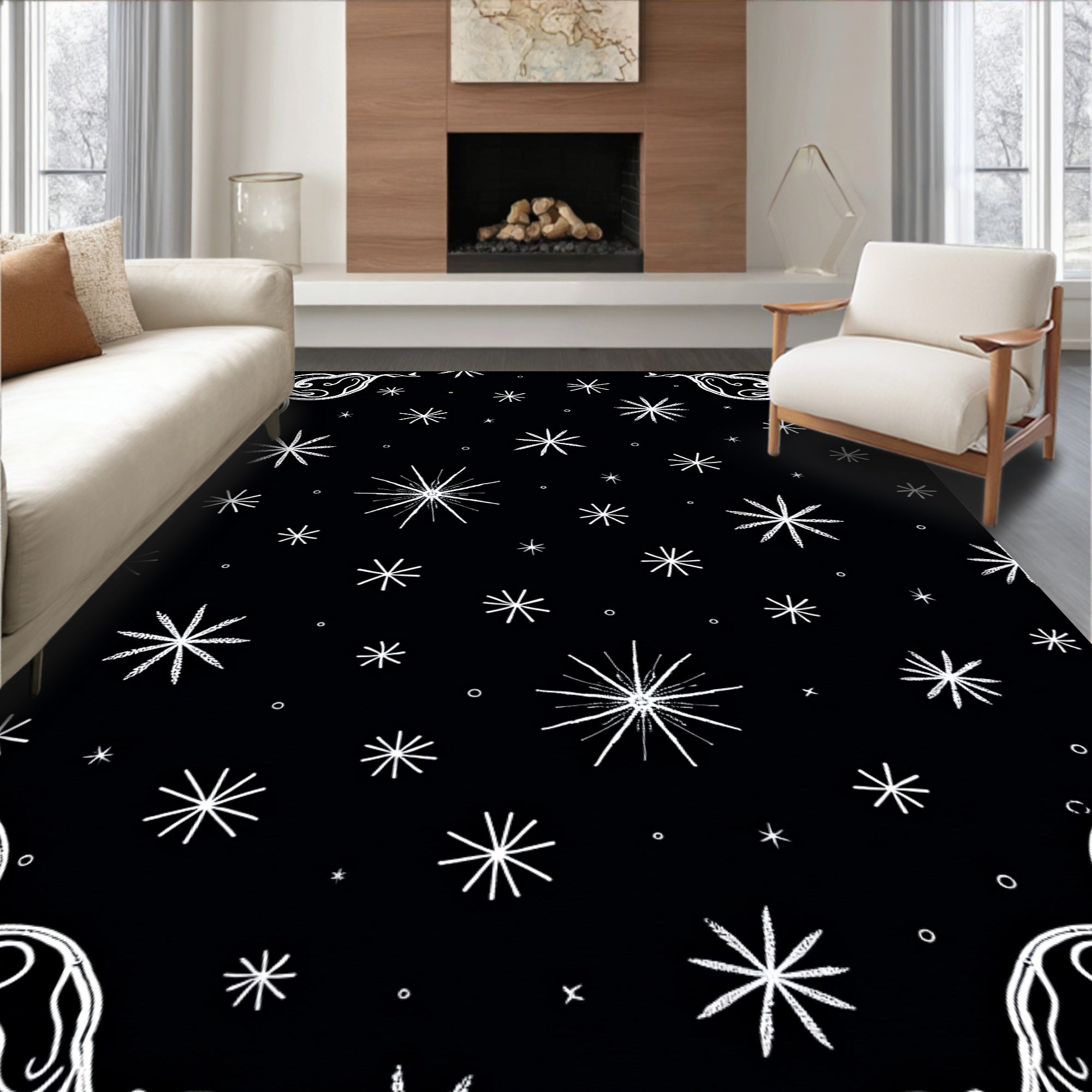 Black White Starburst Corners Rug