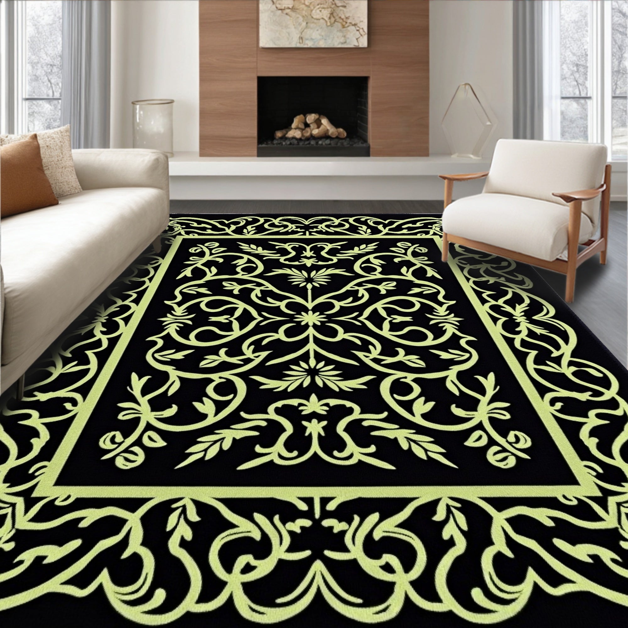 Black Light Green Ornate Floral Rug