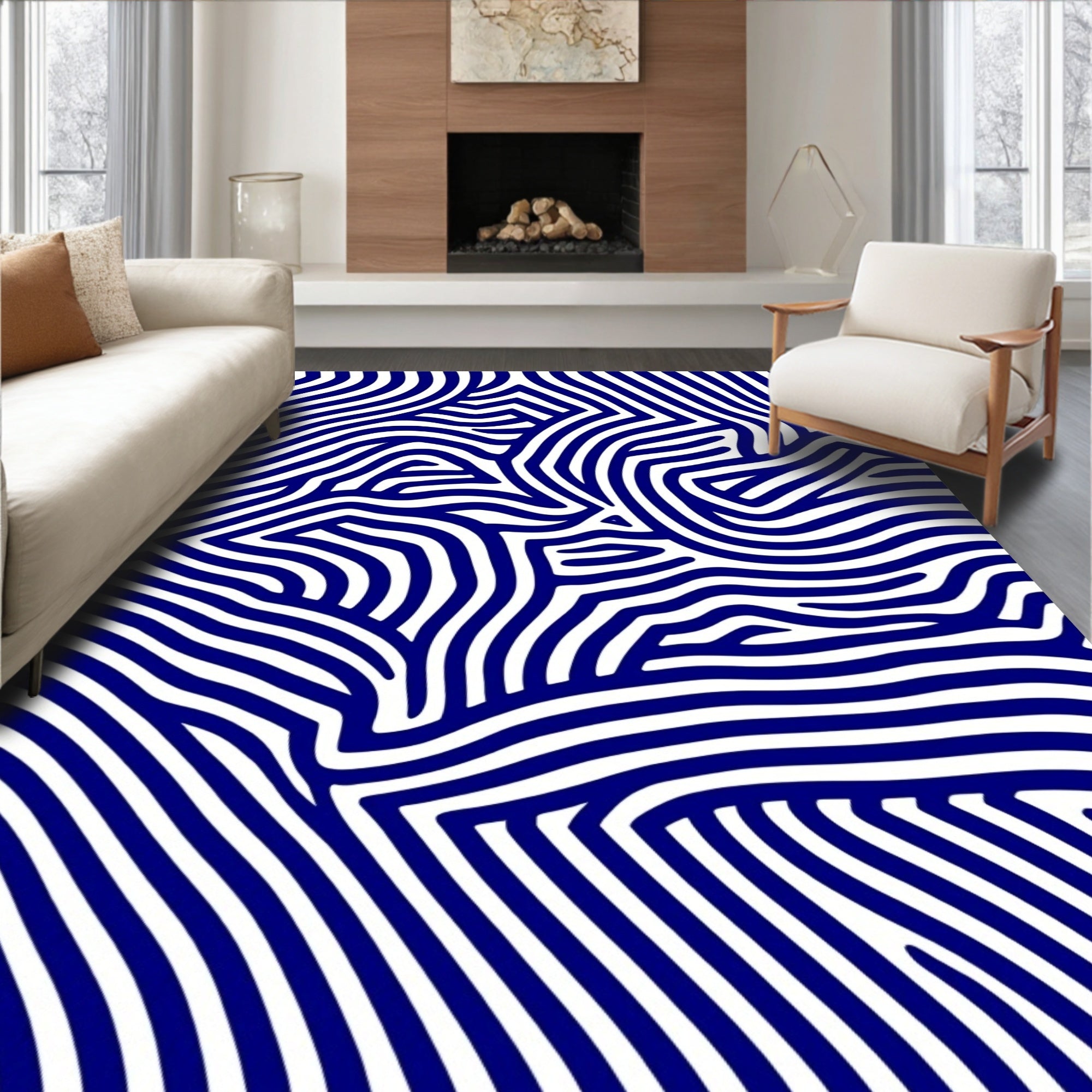 Modern Navy Blue Wavy Stripe Rug