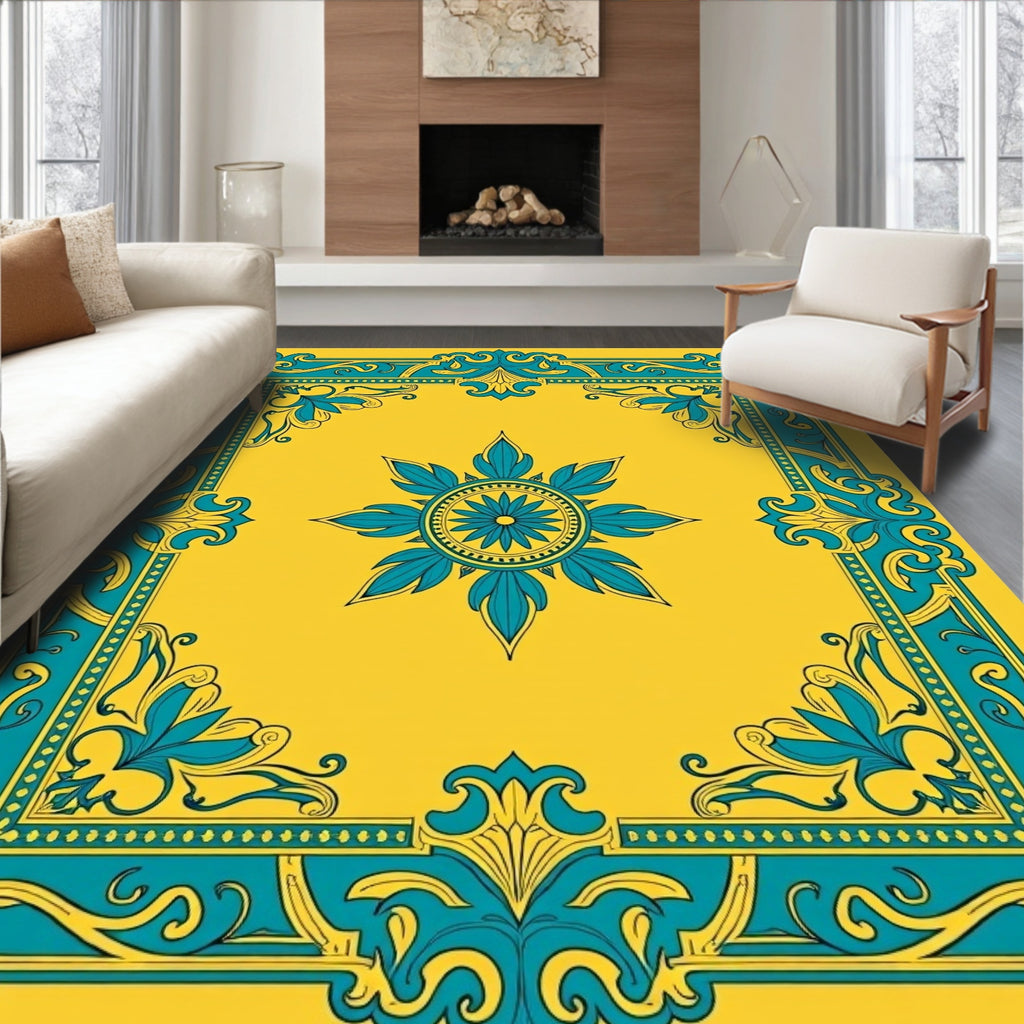 Golden Turquoise Floral Medallion Border Rug