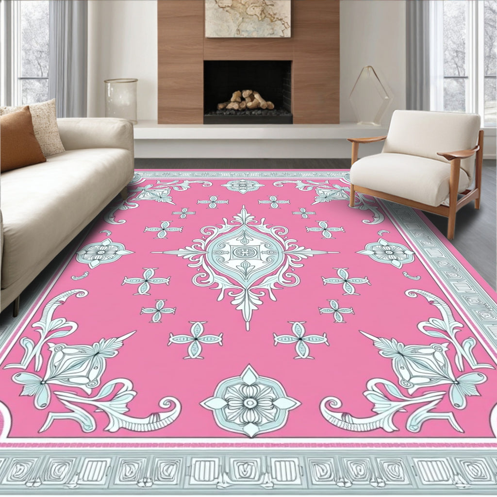Vibrant Pink Floral Medallion Frame Rug