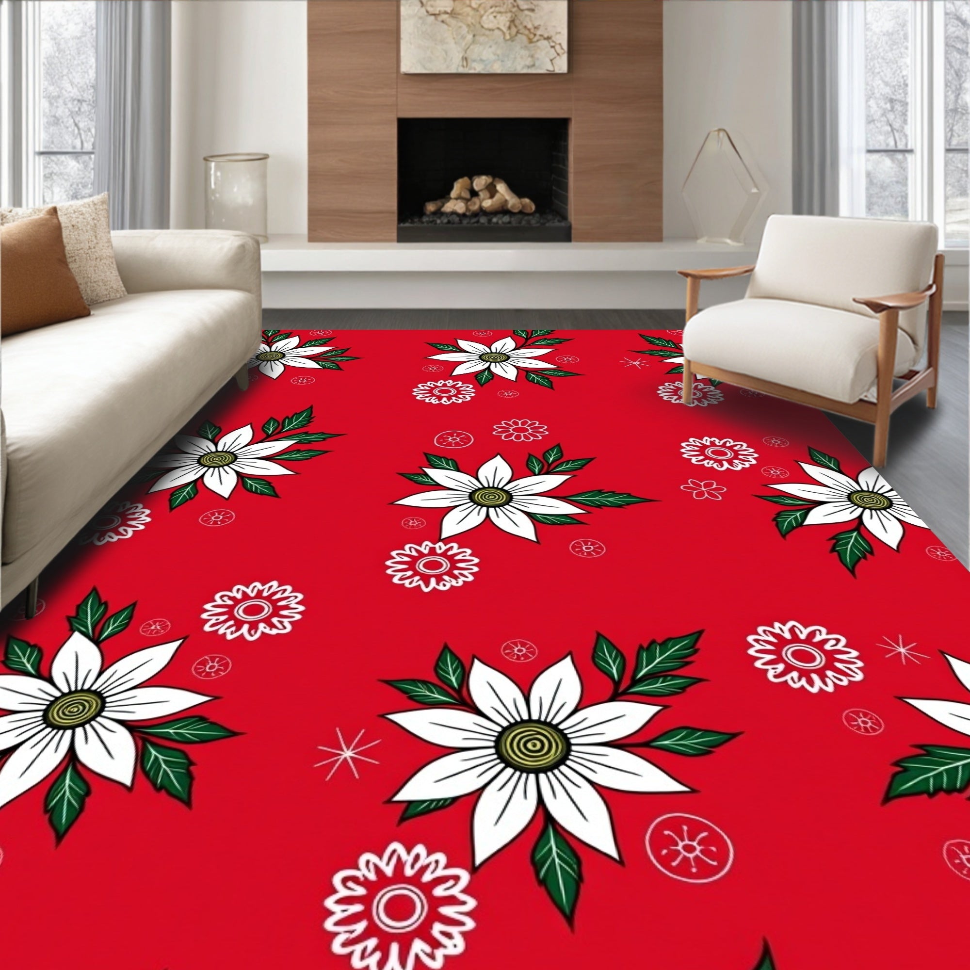 Red White Floral Garden Medallion Rug