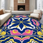 Vibrant Blue Floral Medallion Pink Border Rug
