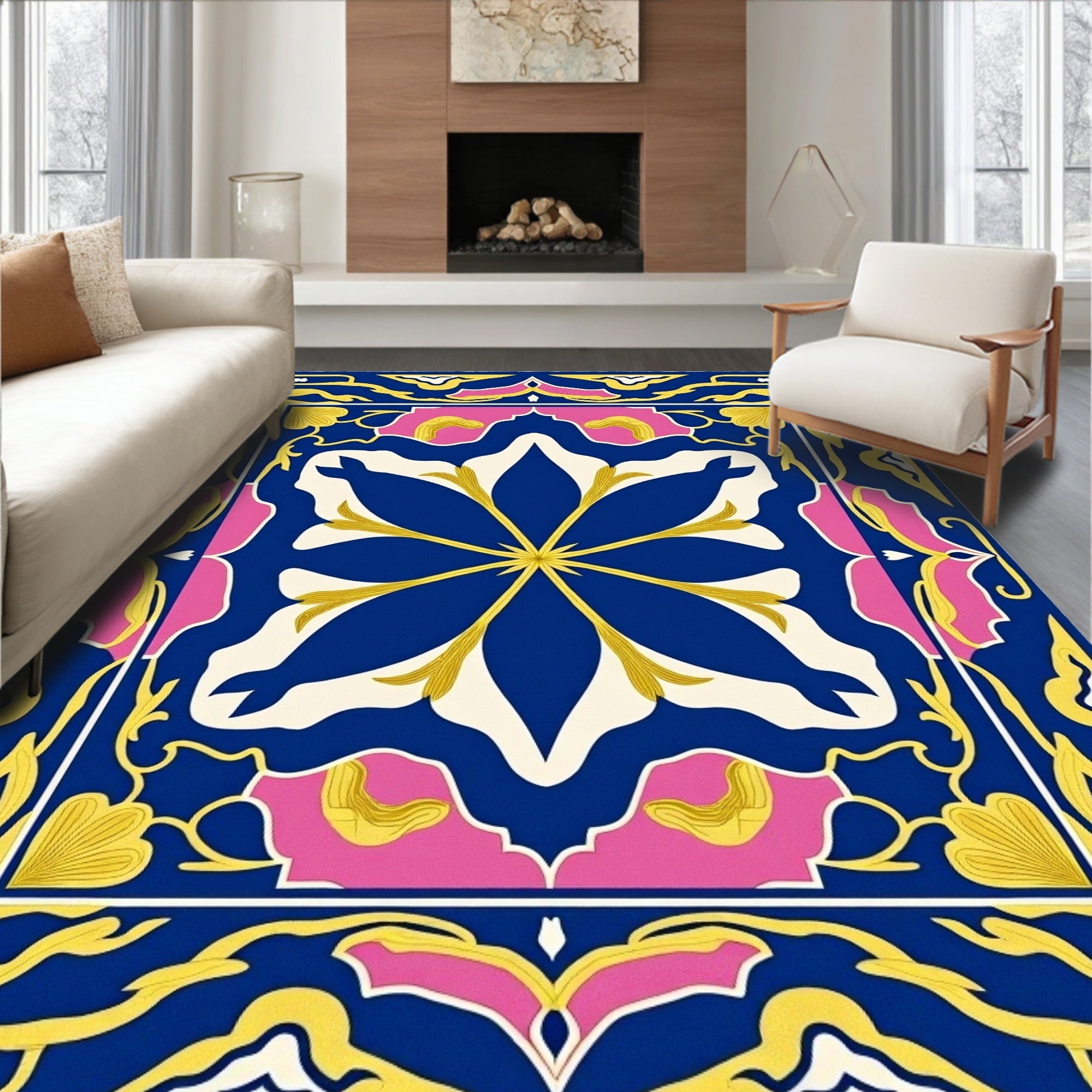 Vibrant Blue Floral Medallion Pink Border Rug