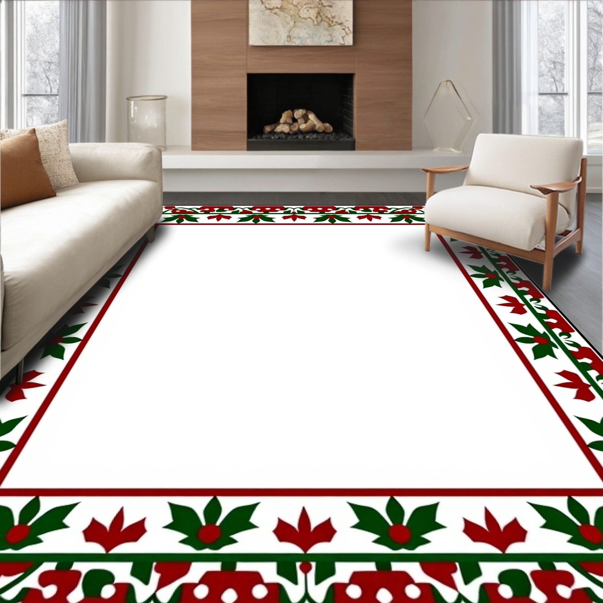 Red Green Floral Vine Border Rug