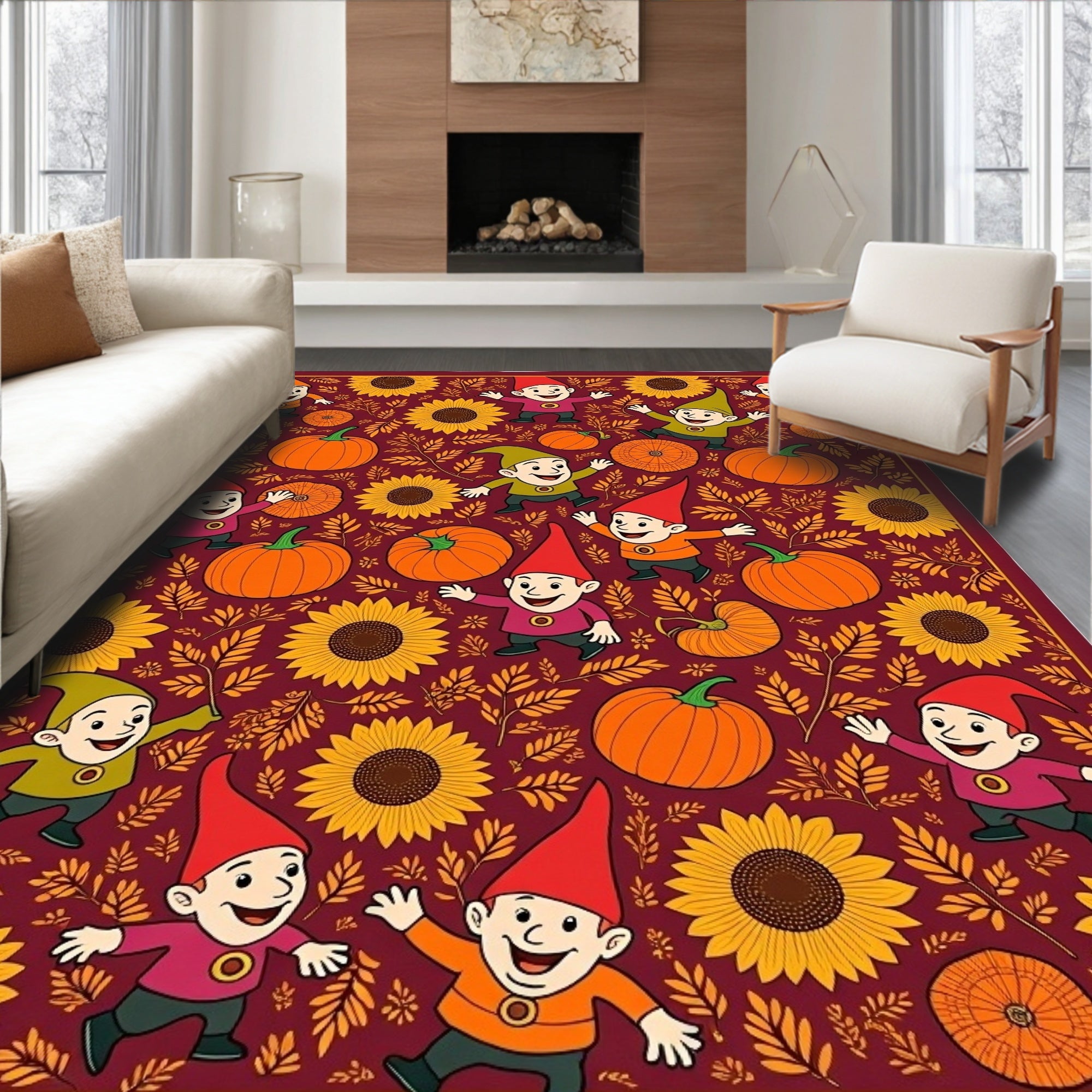Joyful Gnomes Autumn Sunflowers Pumpkin Patch Rug