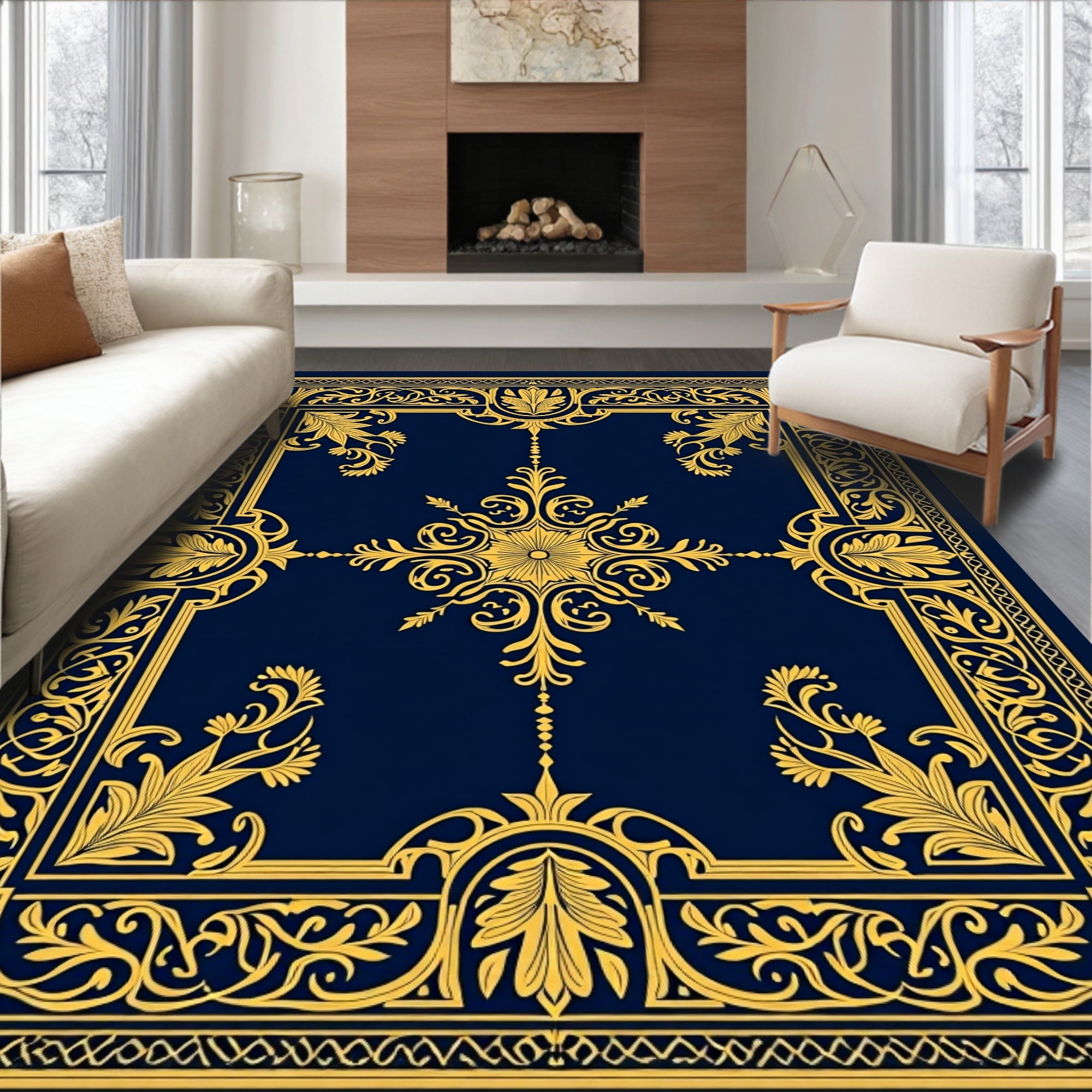 Golden Navy Floral Frame Rug