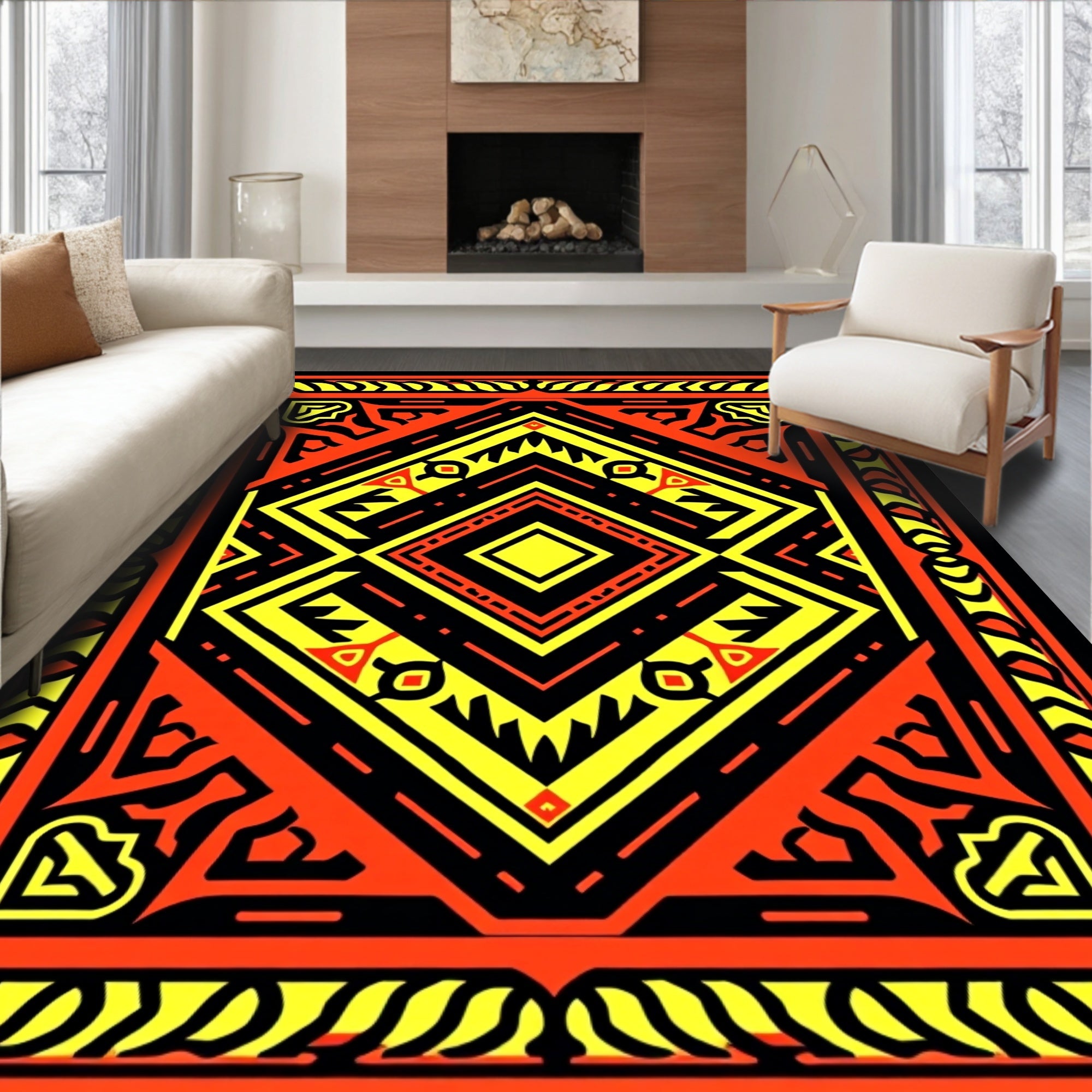 Vibrant Red Yellow Concentric Diamond Rug