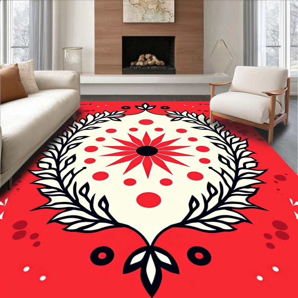 Bold Red White Floral Sunburst Rug