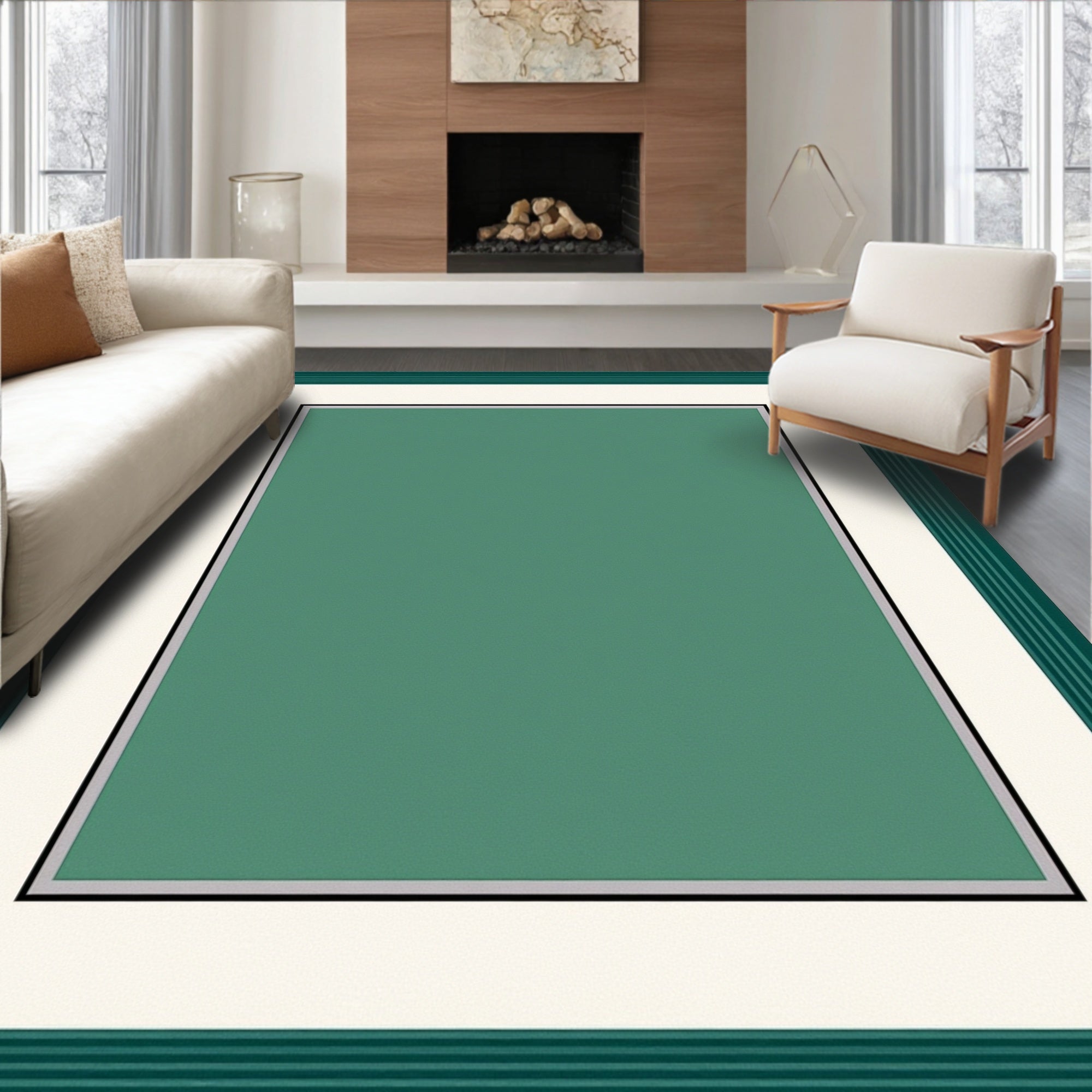 Deep Teal Cream Bordered Rectangle Rug