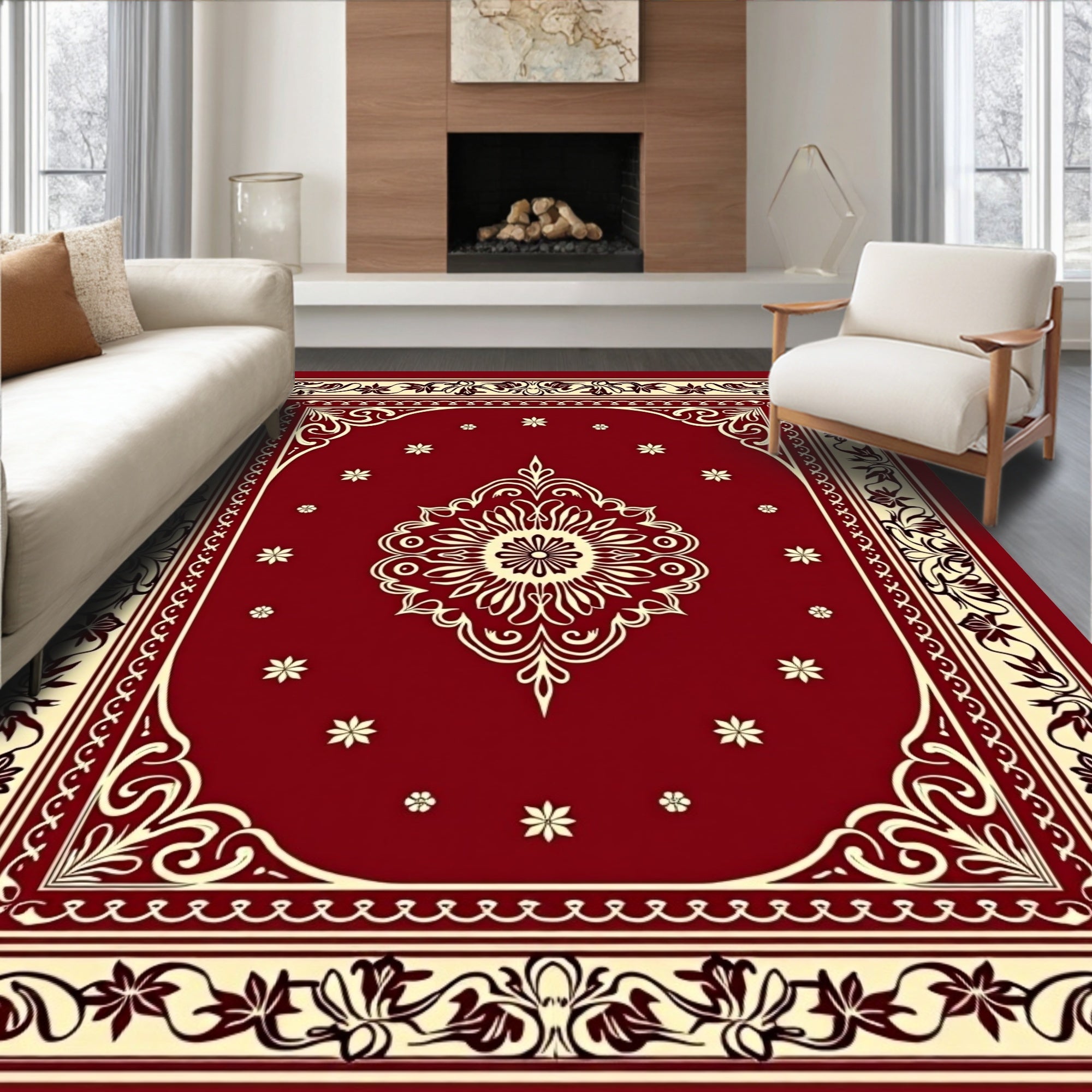 Ornate Red Floral Medallion Border Rug