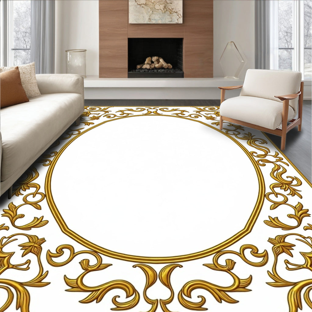 Ornate Golden Scroll Oval Frame Rug