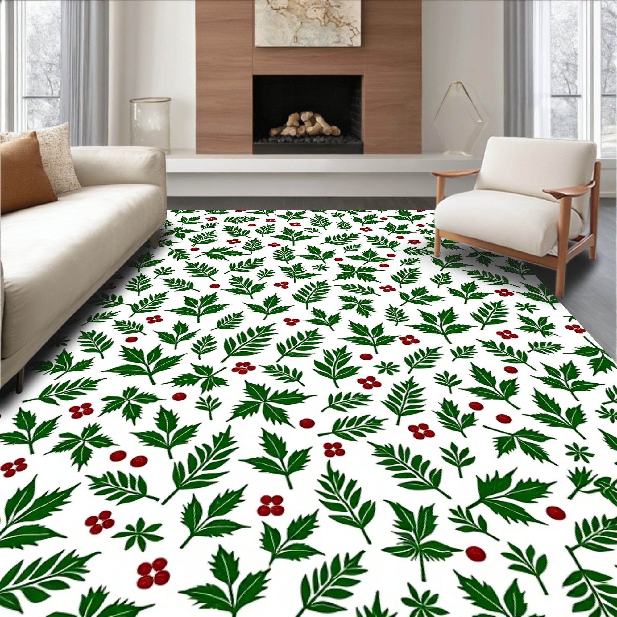 Green Leaf Red Berry Botanical Background Rug