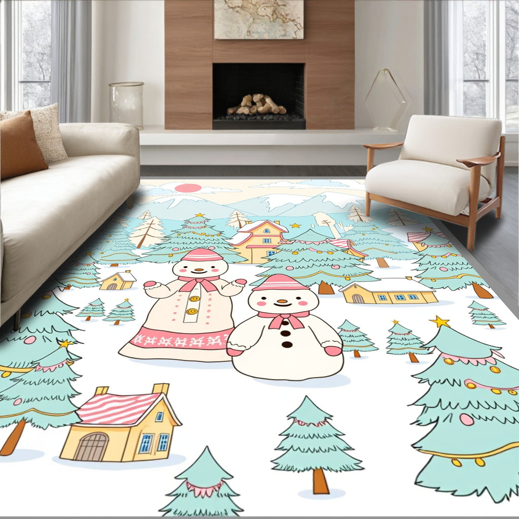 Wintery Snowman Village Scene Rug