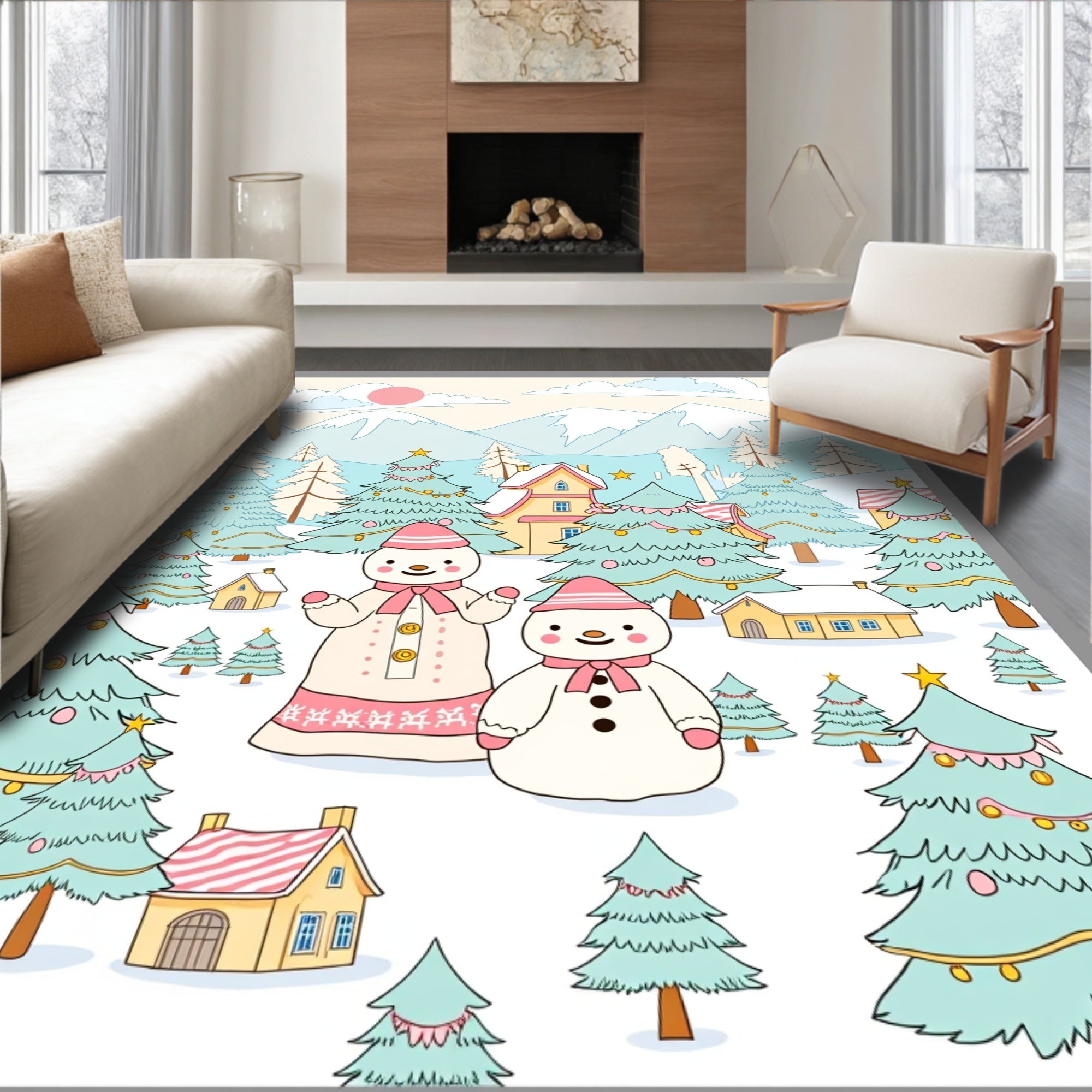 Wintery Snowman Village Scene Rug