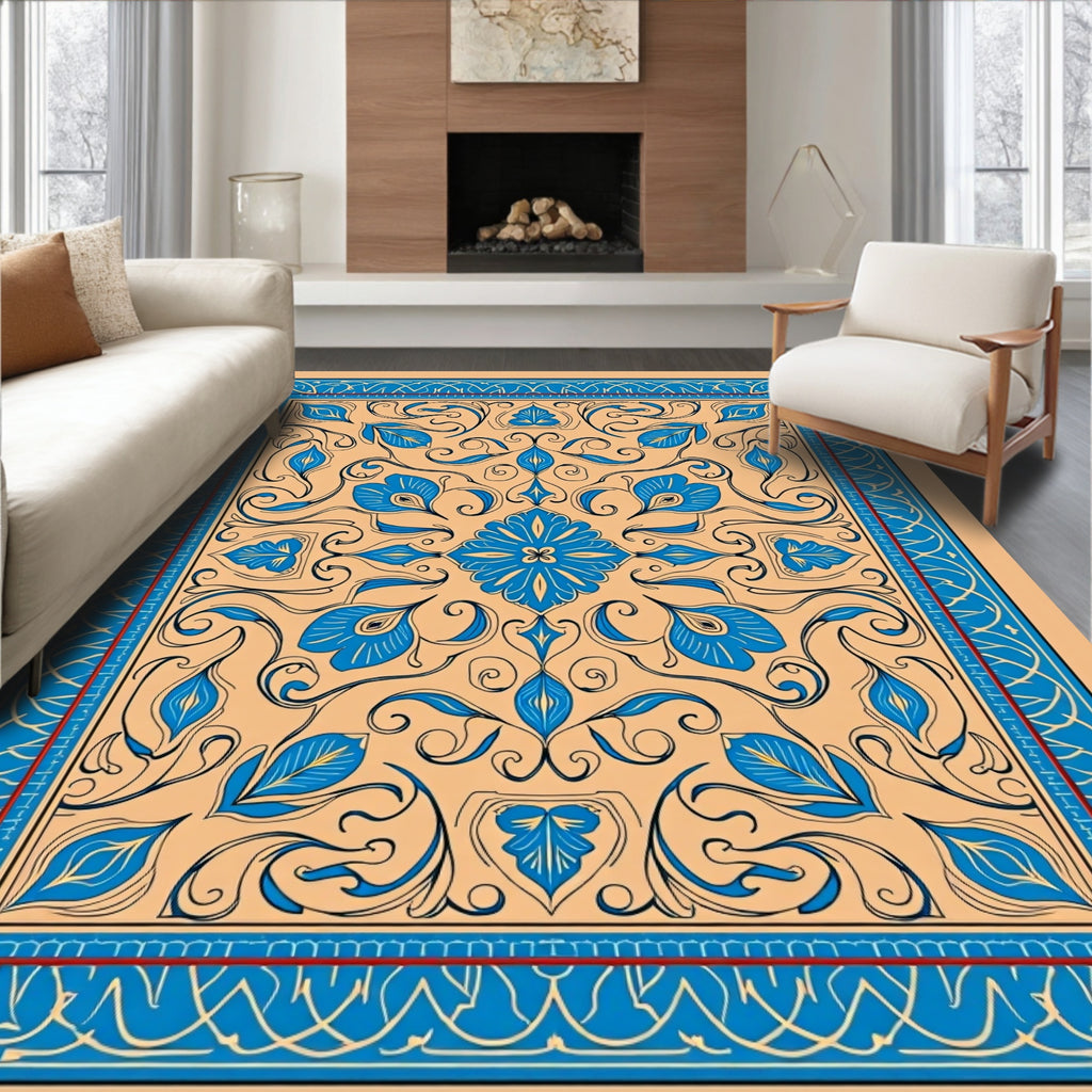 Blue Floral Medallion Tan Border Rug