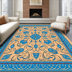 Blue Floral Medallion Tan Border Rug
