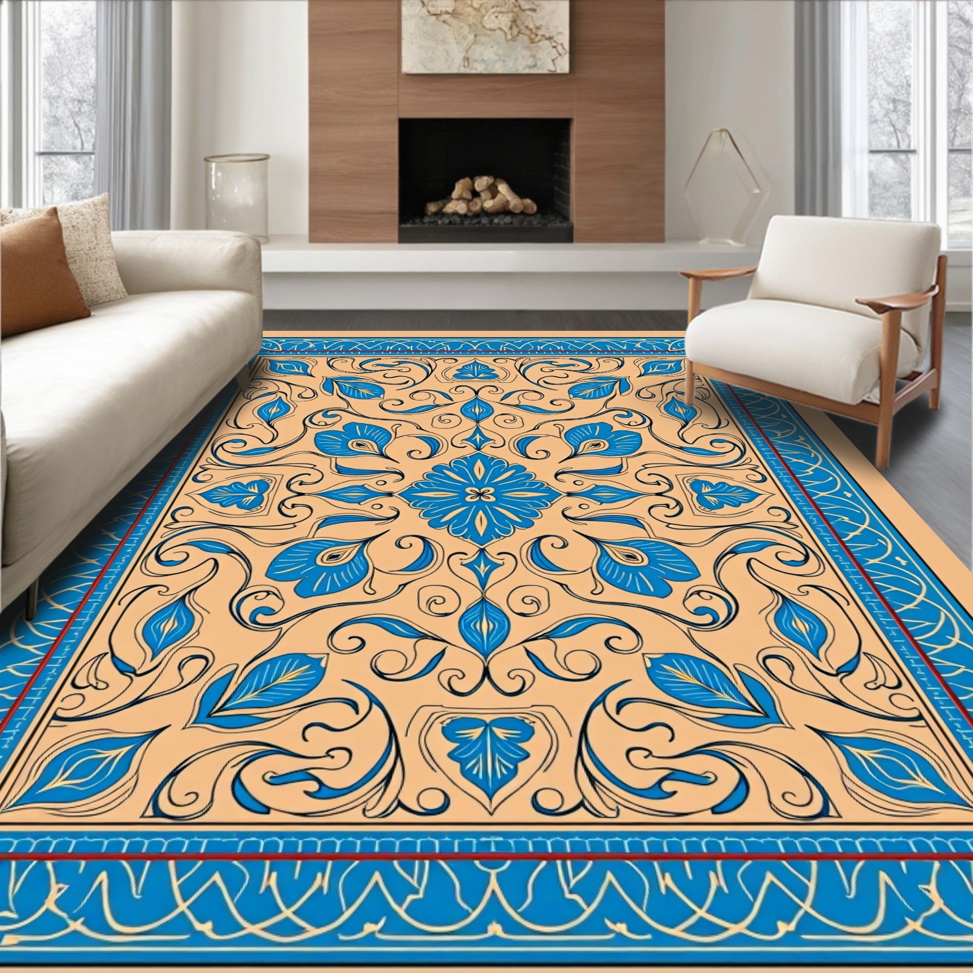 Blue Floral Medallion Tan Border Rug