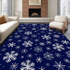 White Snowflake Scattered Dark Blue Background Rug