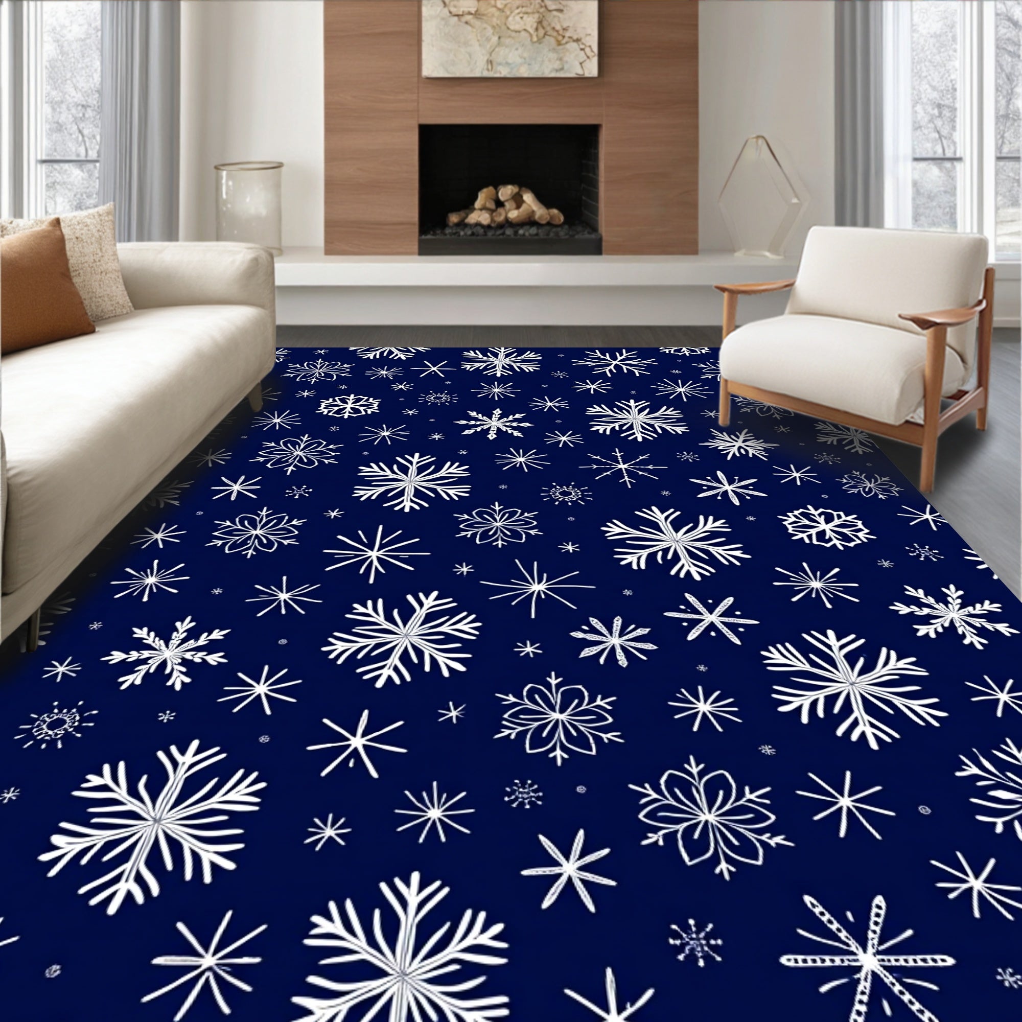 White Snowflake Scattered Dark Blue Background Rug