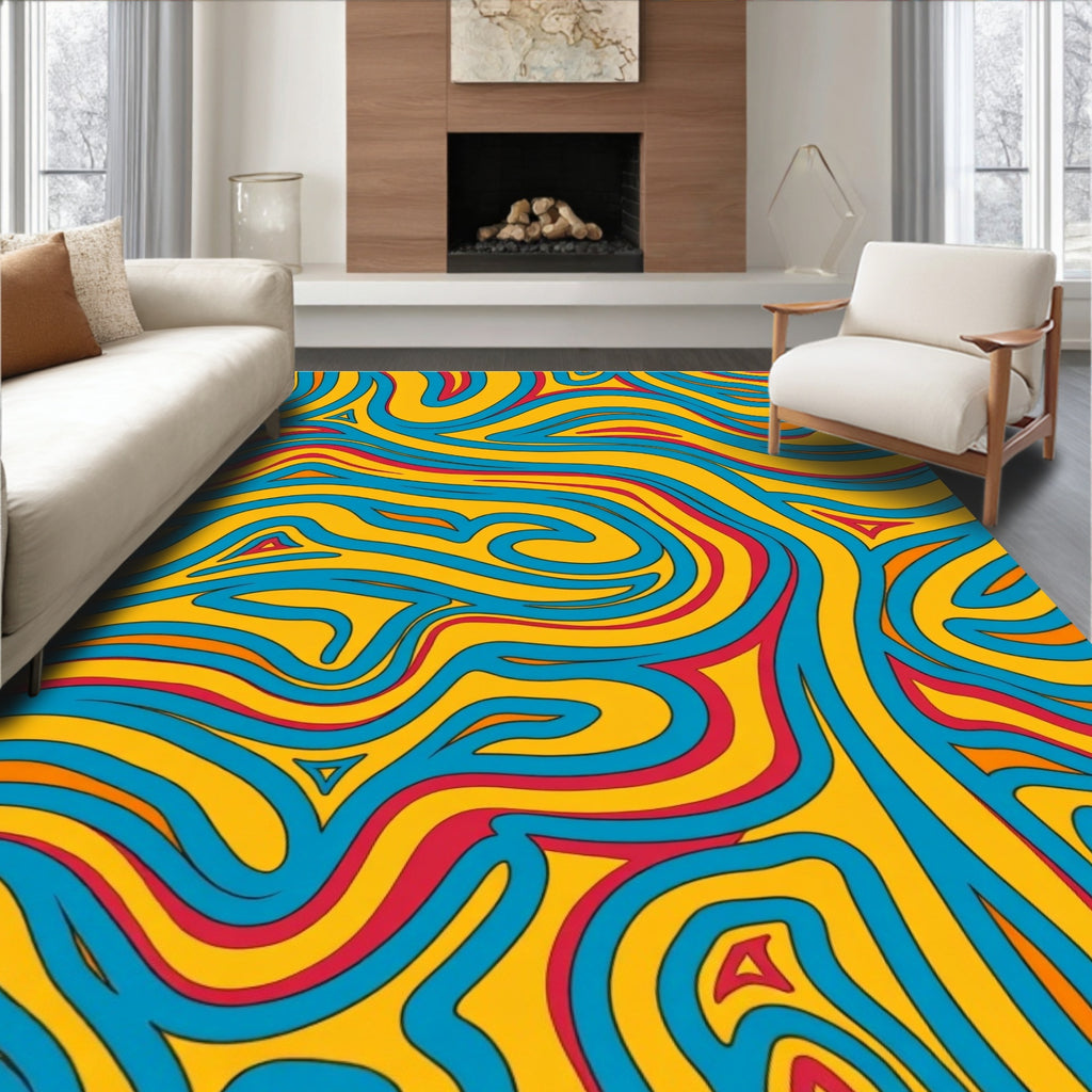 Retro Yellow Blue Swirl Harmony Rug