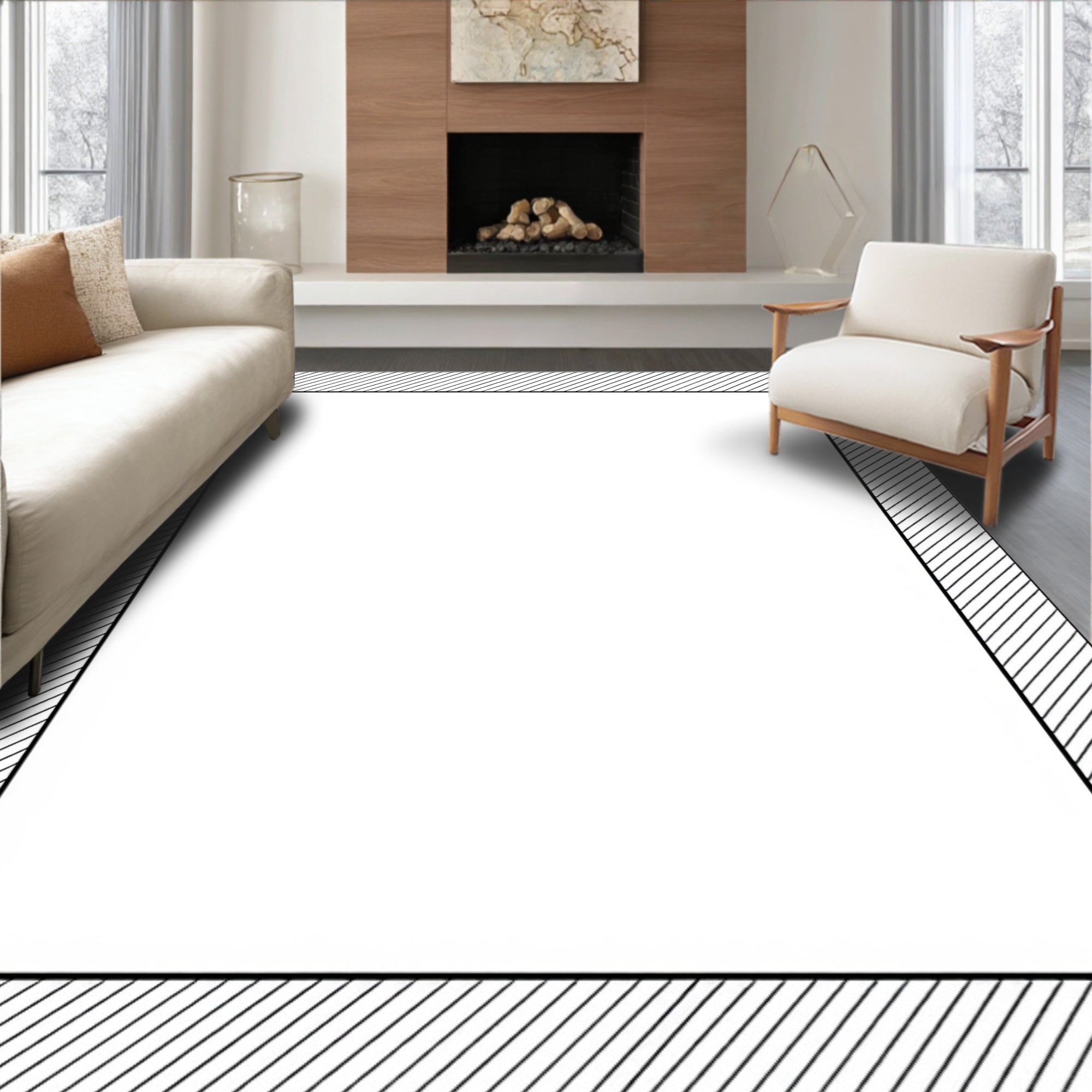 Modern Black White Striped Border Rug