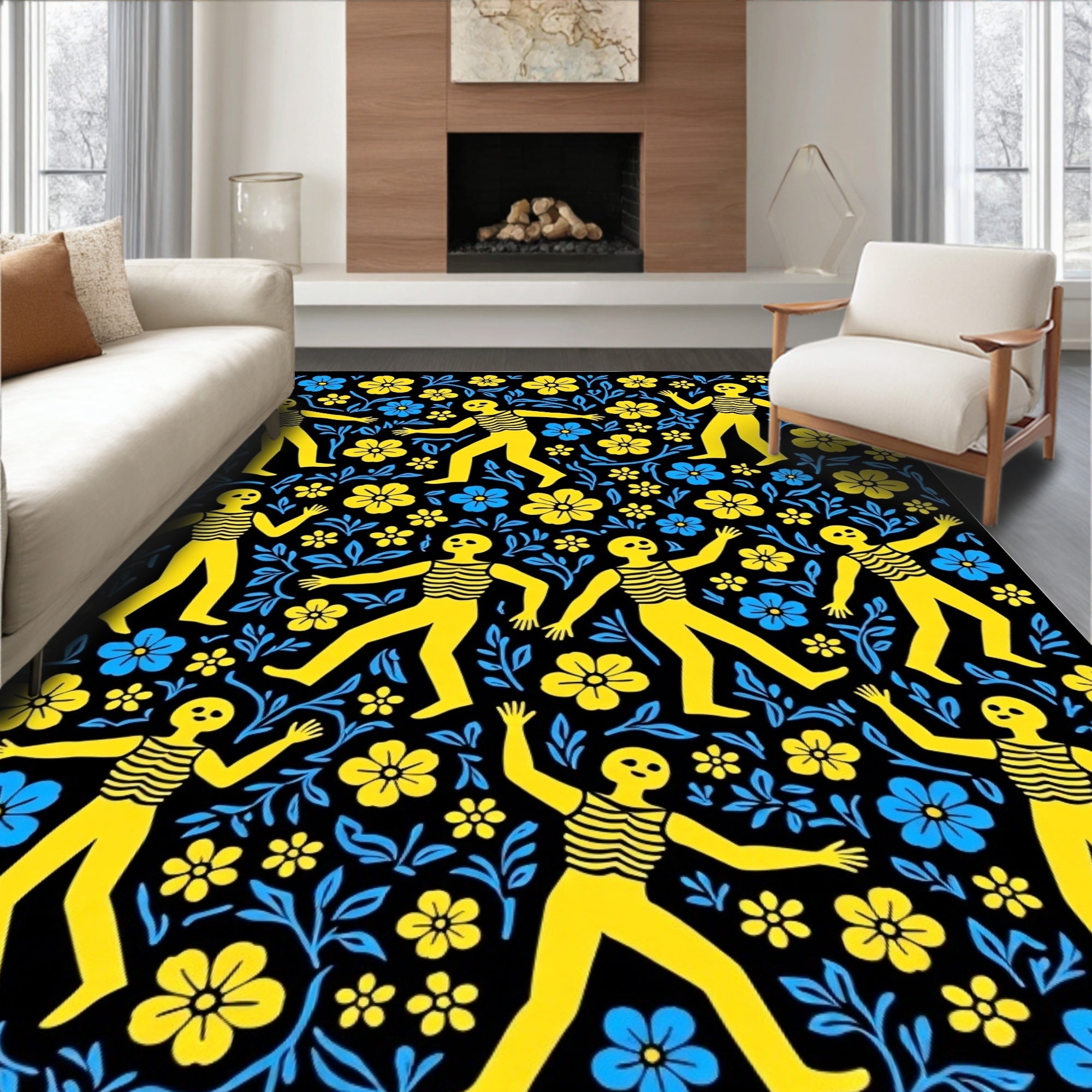 Yellow Figures Blue Yellow Floral Black Rug