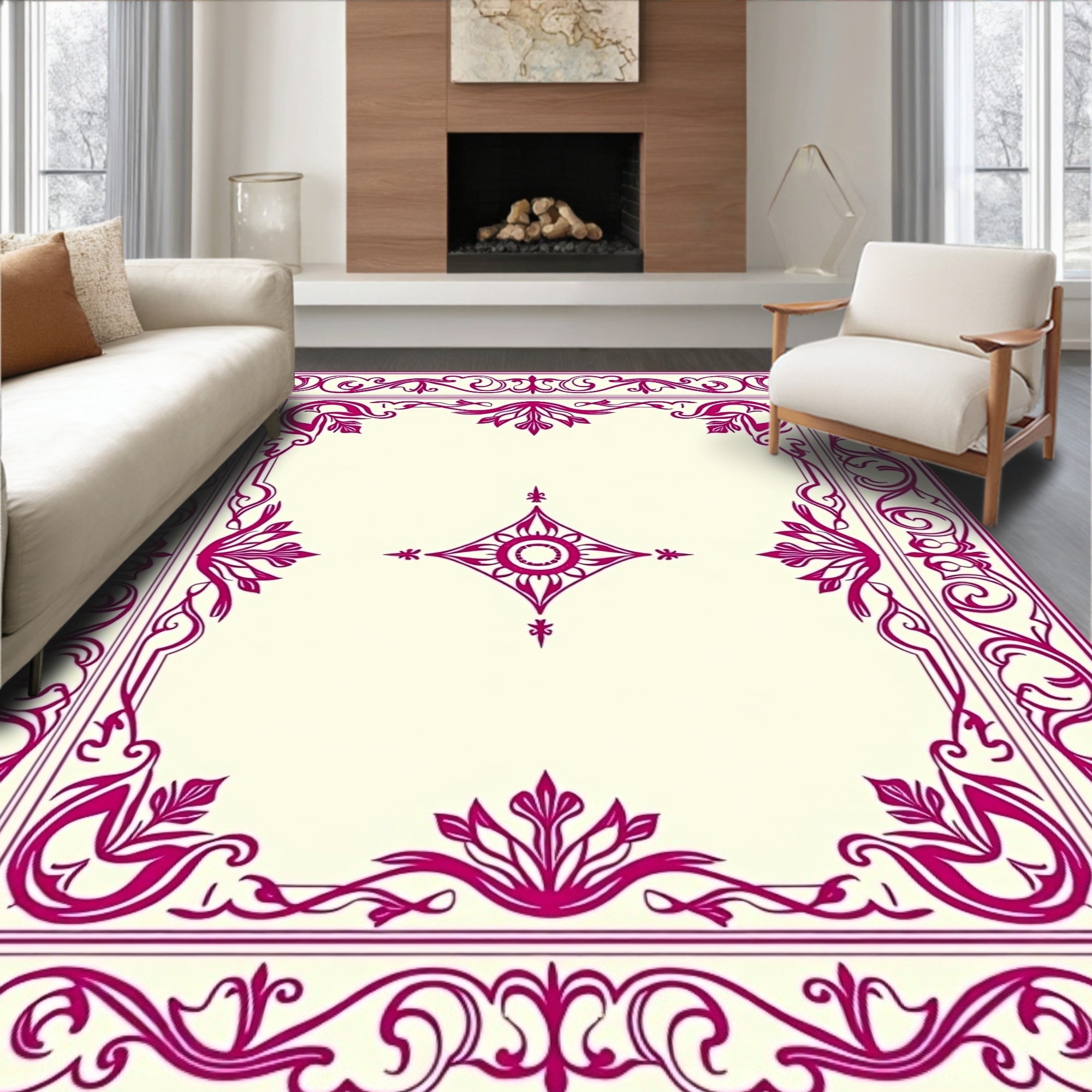 Ornate Magenta Floral Frame Rug