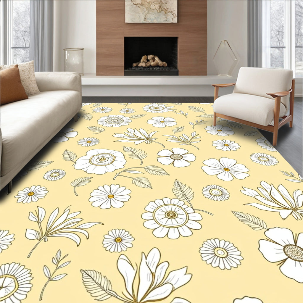 Soft Yellow Outline Floral Garden Rug
