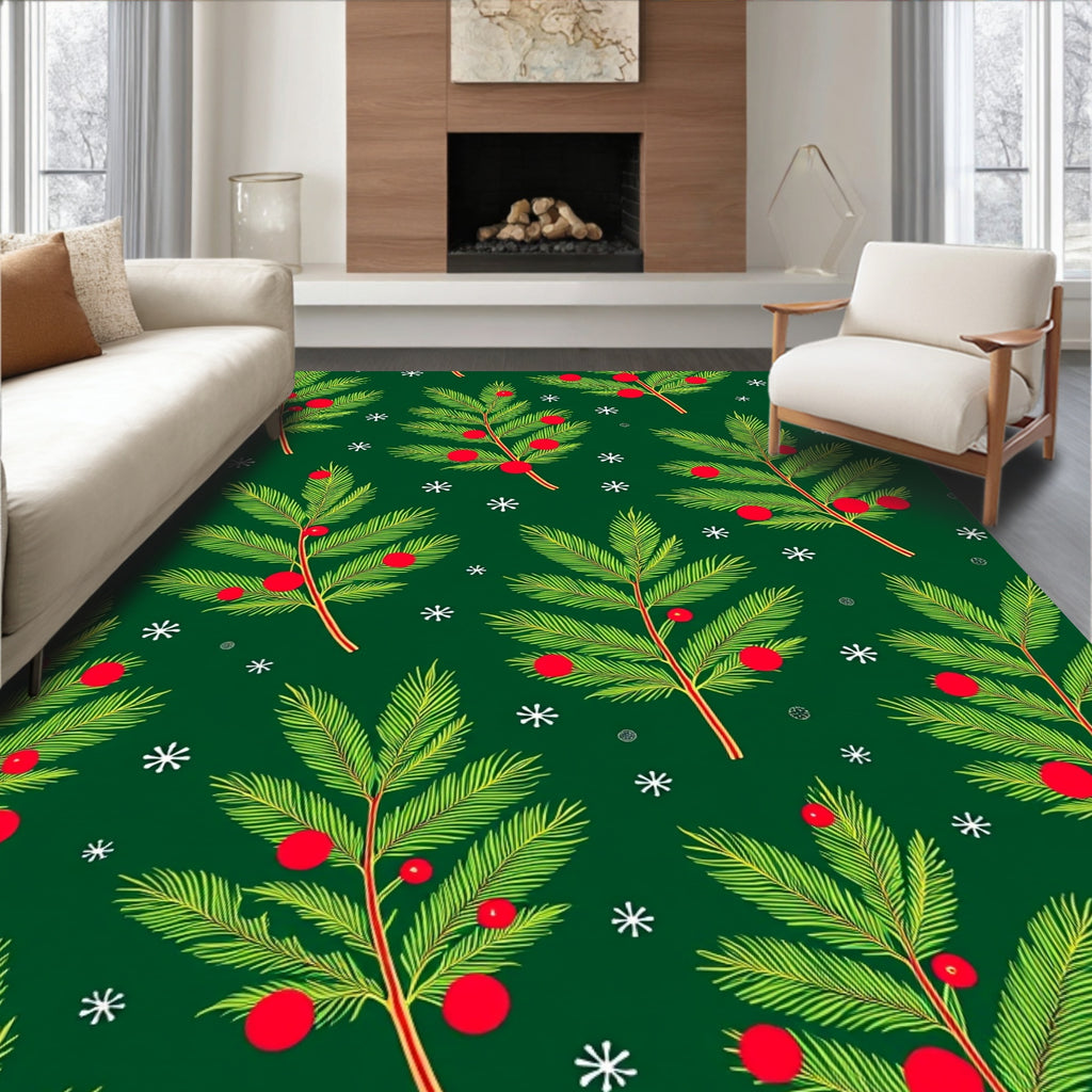 Holiday Green Red Pine Sprig Art Rug