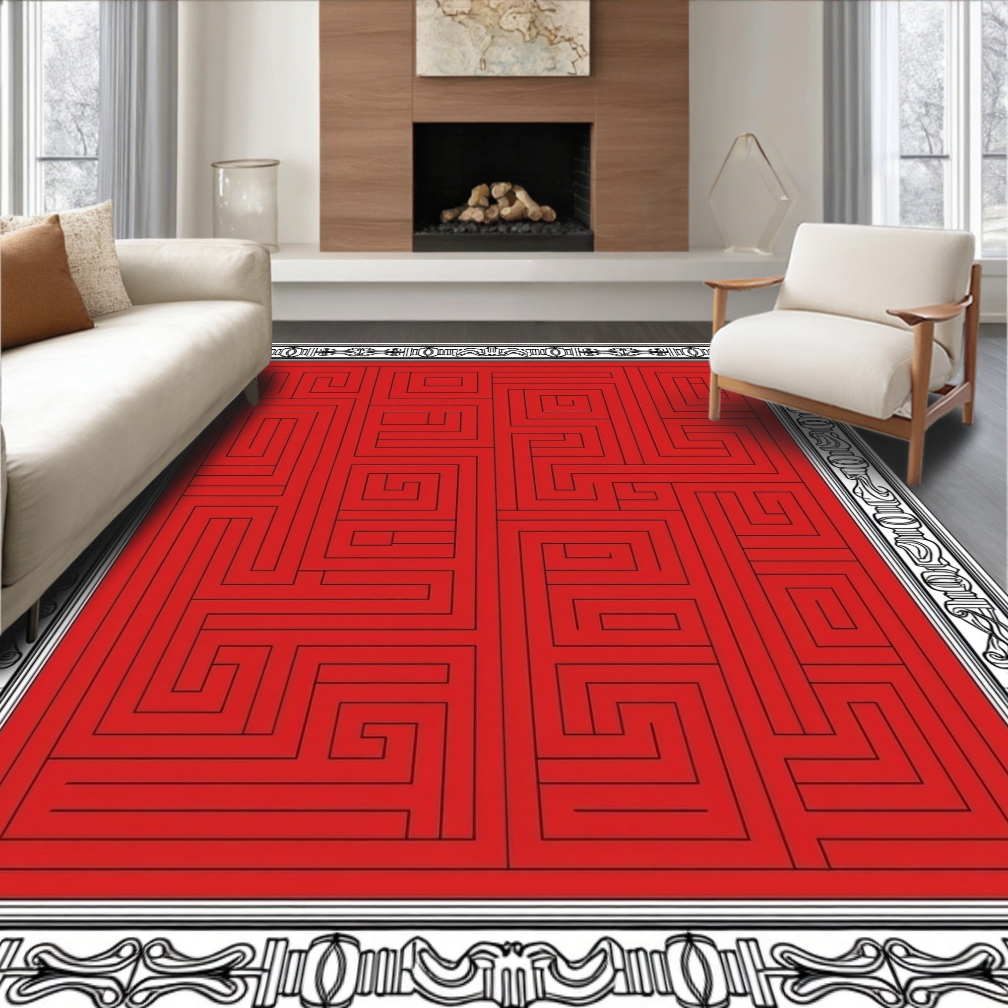 Crimson Maze Bordered Square Rug