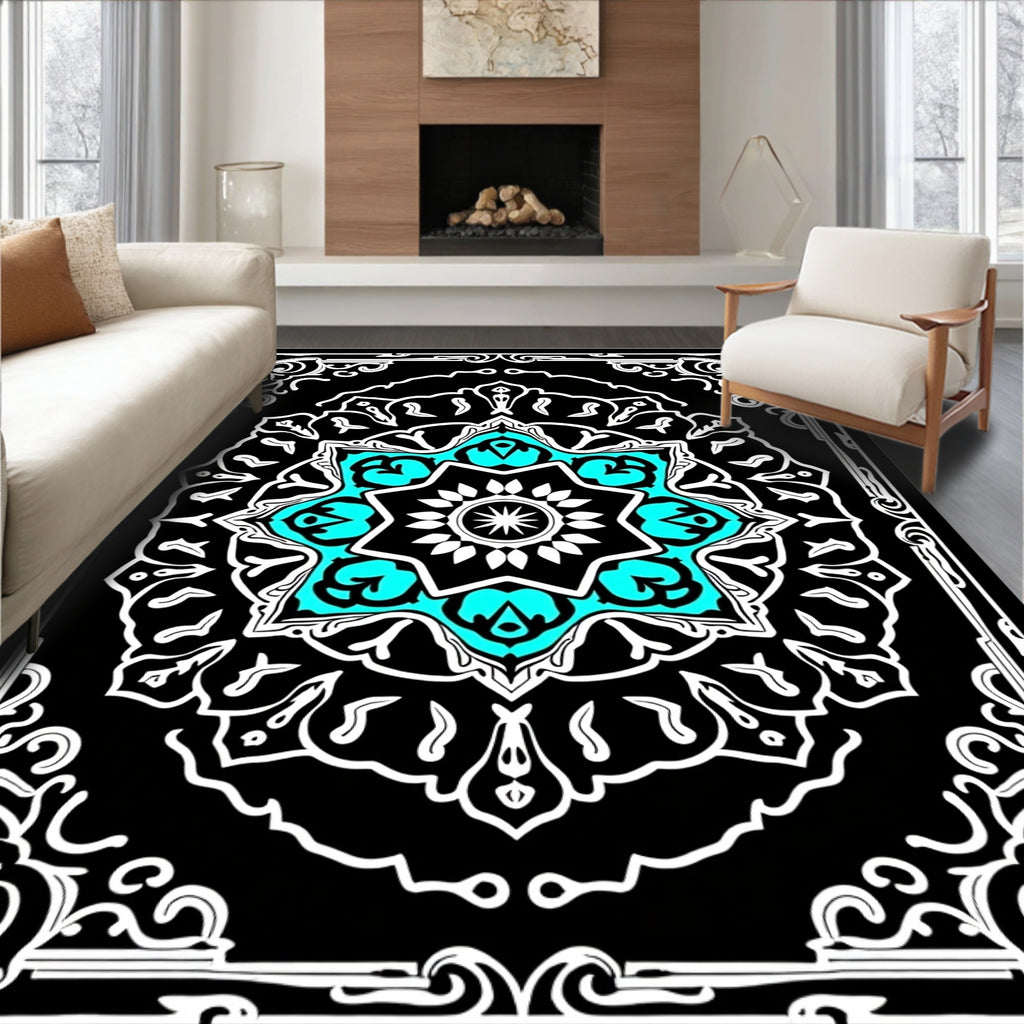 Black Aqua White Starburst Mandala Rug