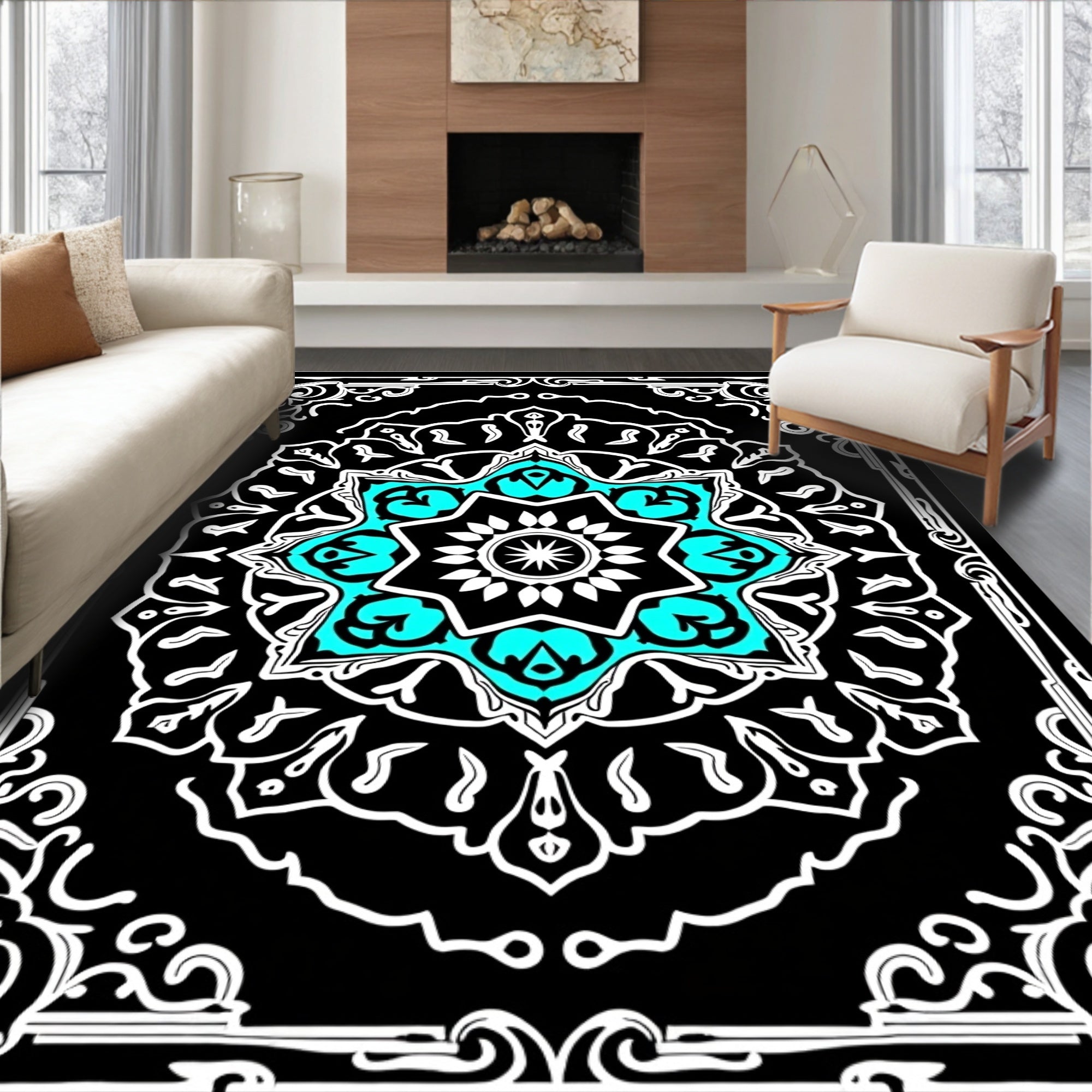 Black Aqua White Starburst Mandala Rug
