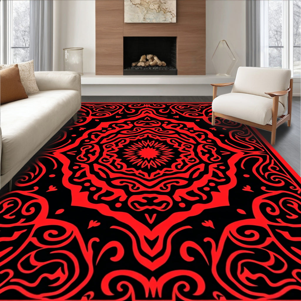 Bold Crimson Mandala Symmetry Rug