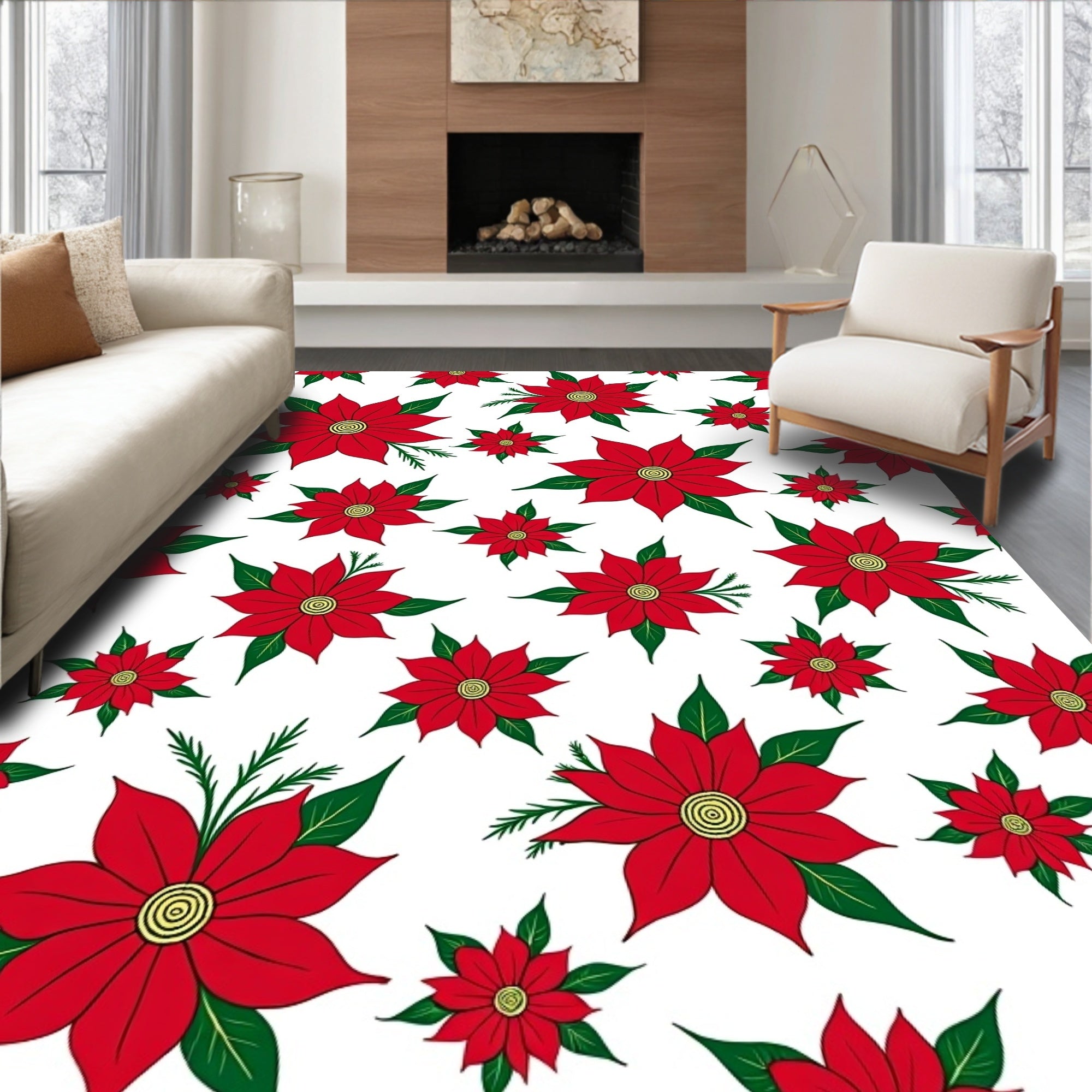 Vibrant Red Floral Evergreen Arrangement Rug