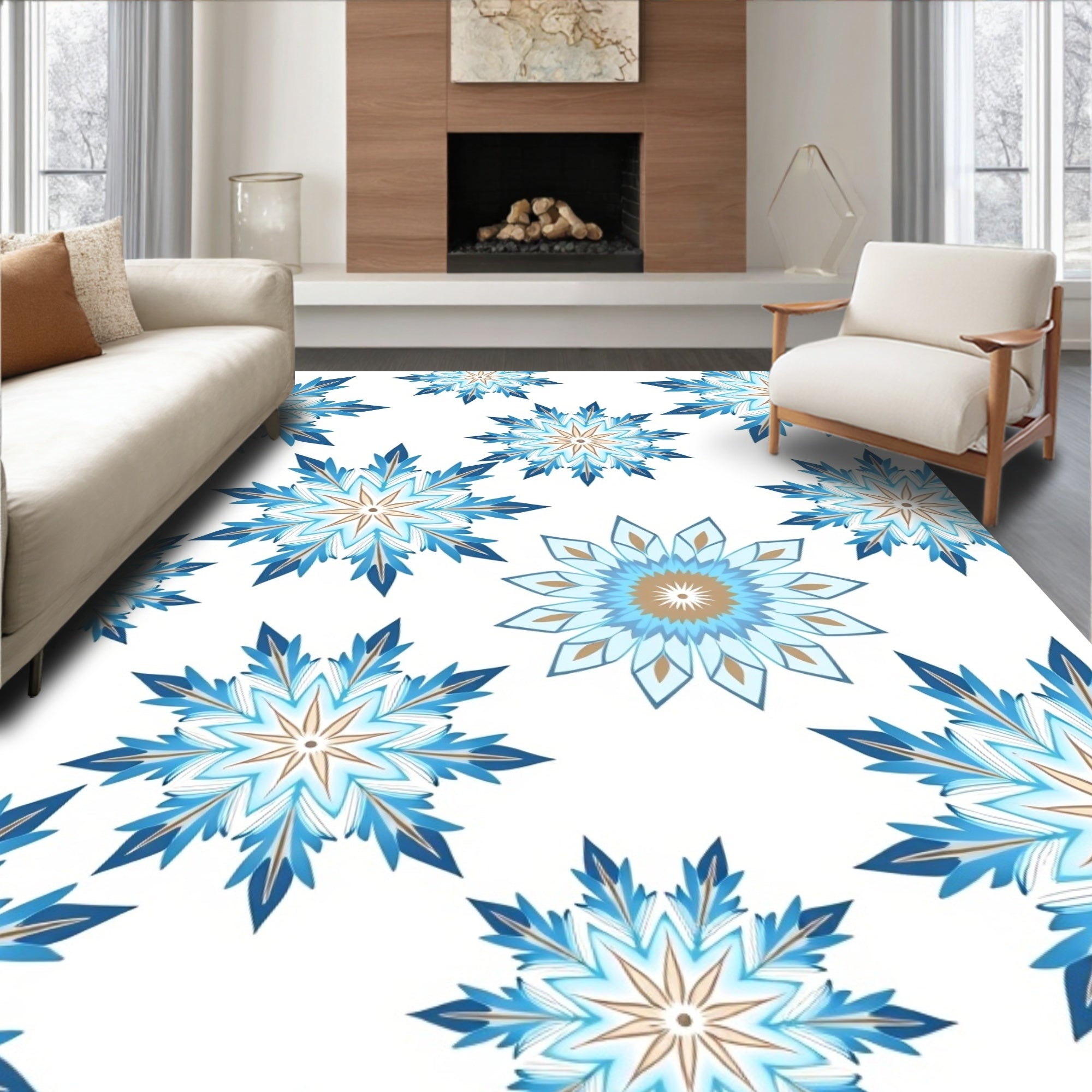 Vibrant Blue Snowflake Mandalas Rug
