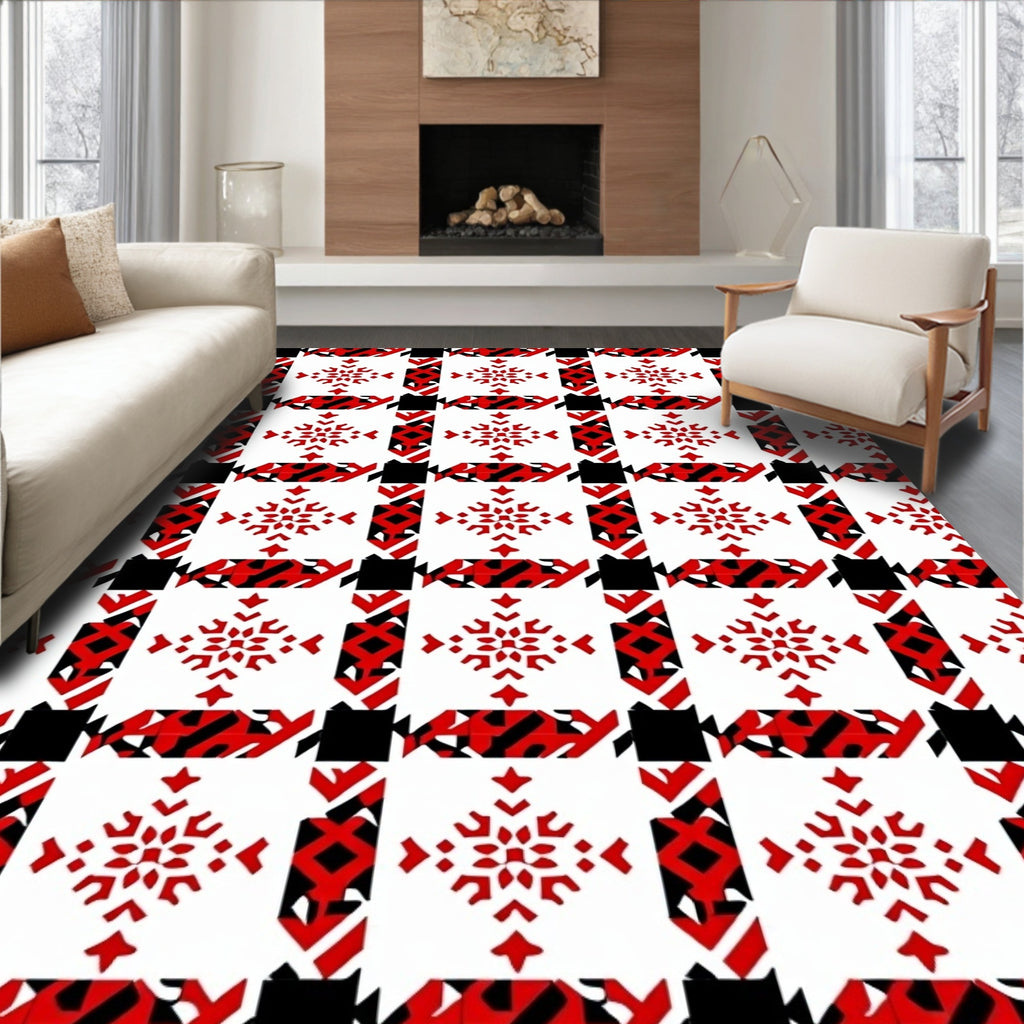 Bold Red White Houndstooth Snowflake Rug