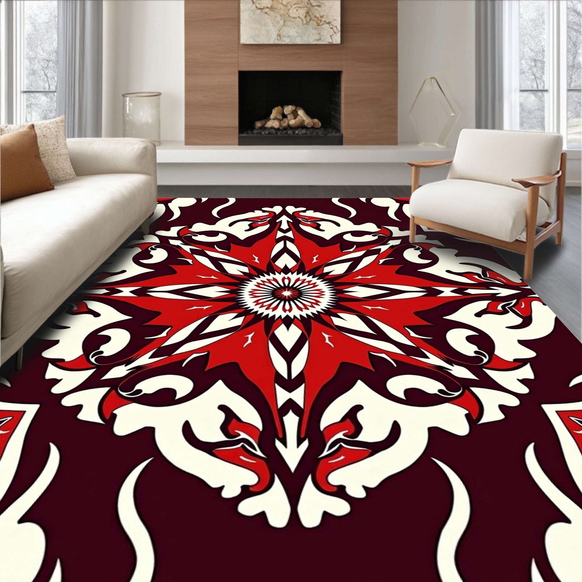 Bold Crimson Cream Ornamental Star Rug