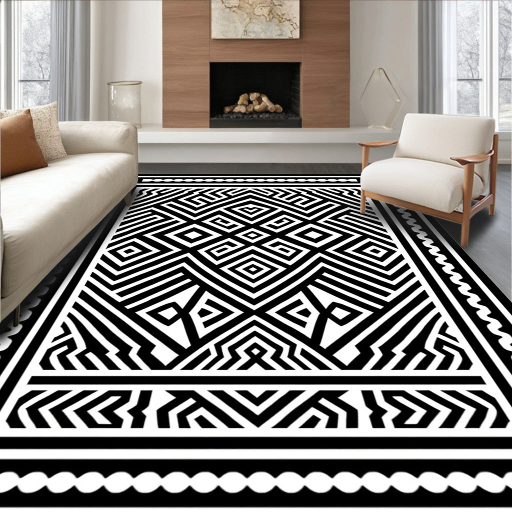 Black White Interlocking Geometric Square Rug