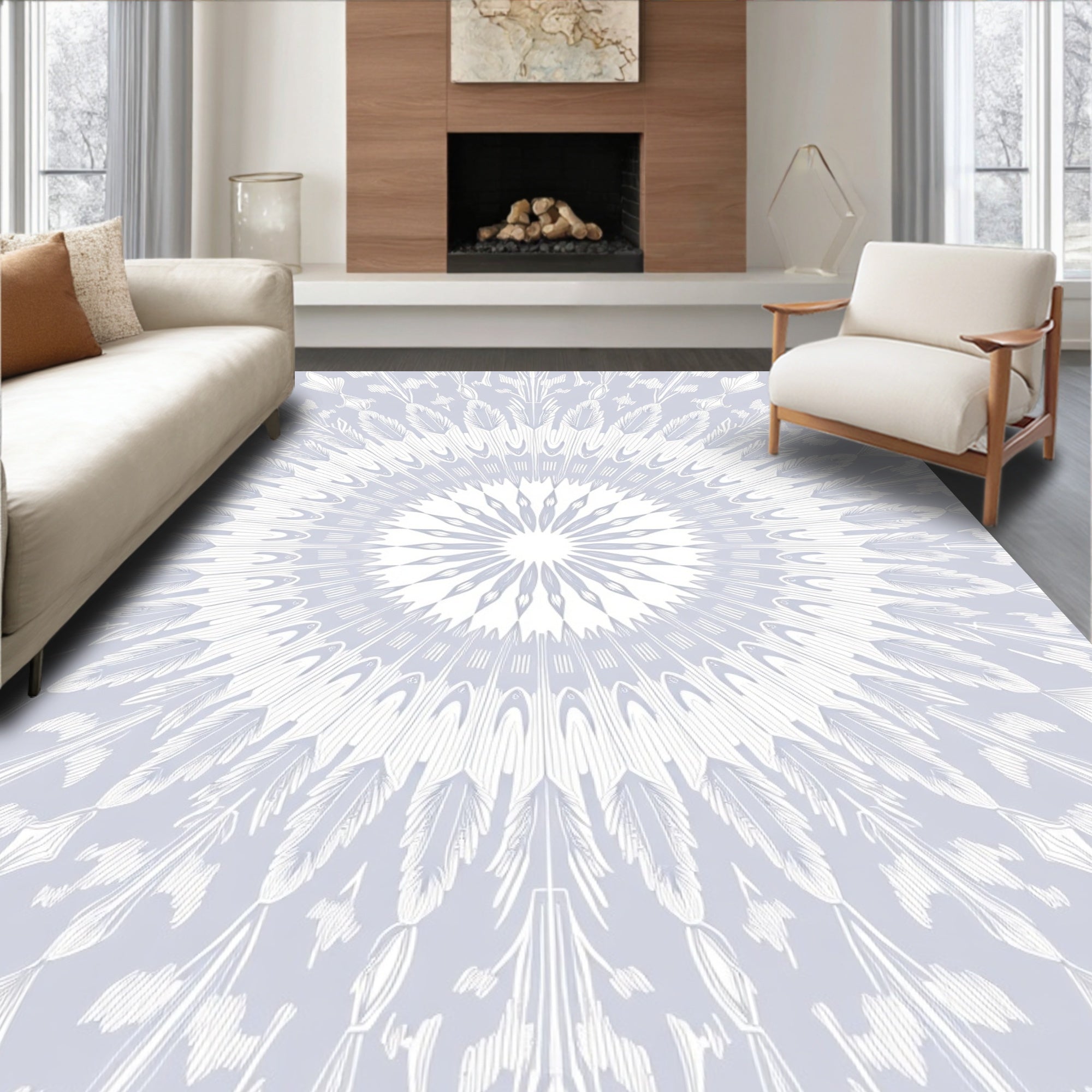 Light Blue Feathered Sunburst Mandala Rug